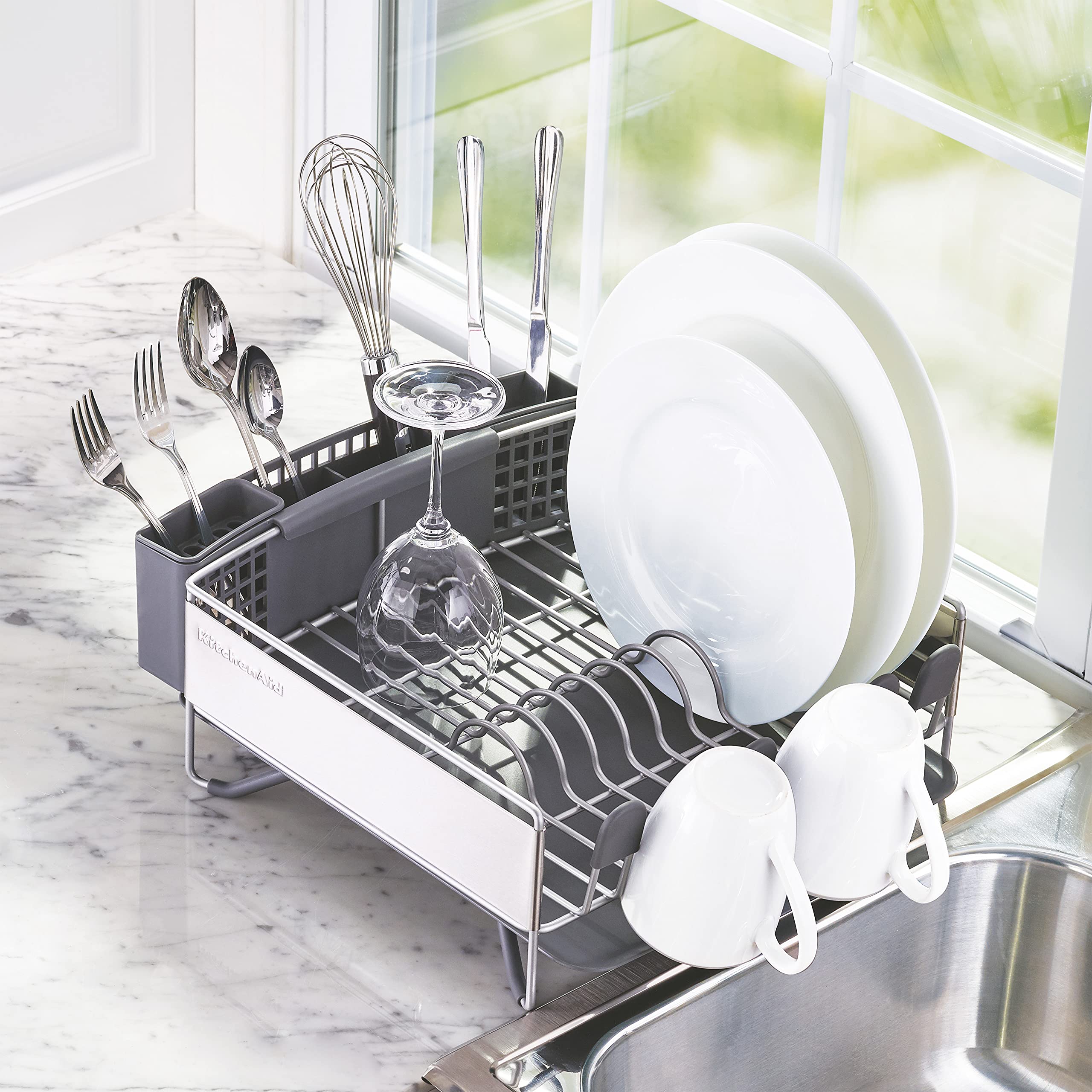 KitchenAid Compact Space Saving, Dish Rack with Removable Flatware Caddy and Angled Self Draining Drainboard, Satin Gray, 15-Inc