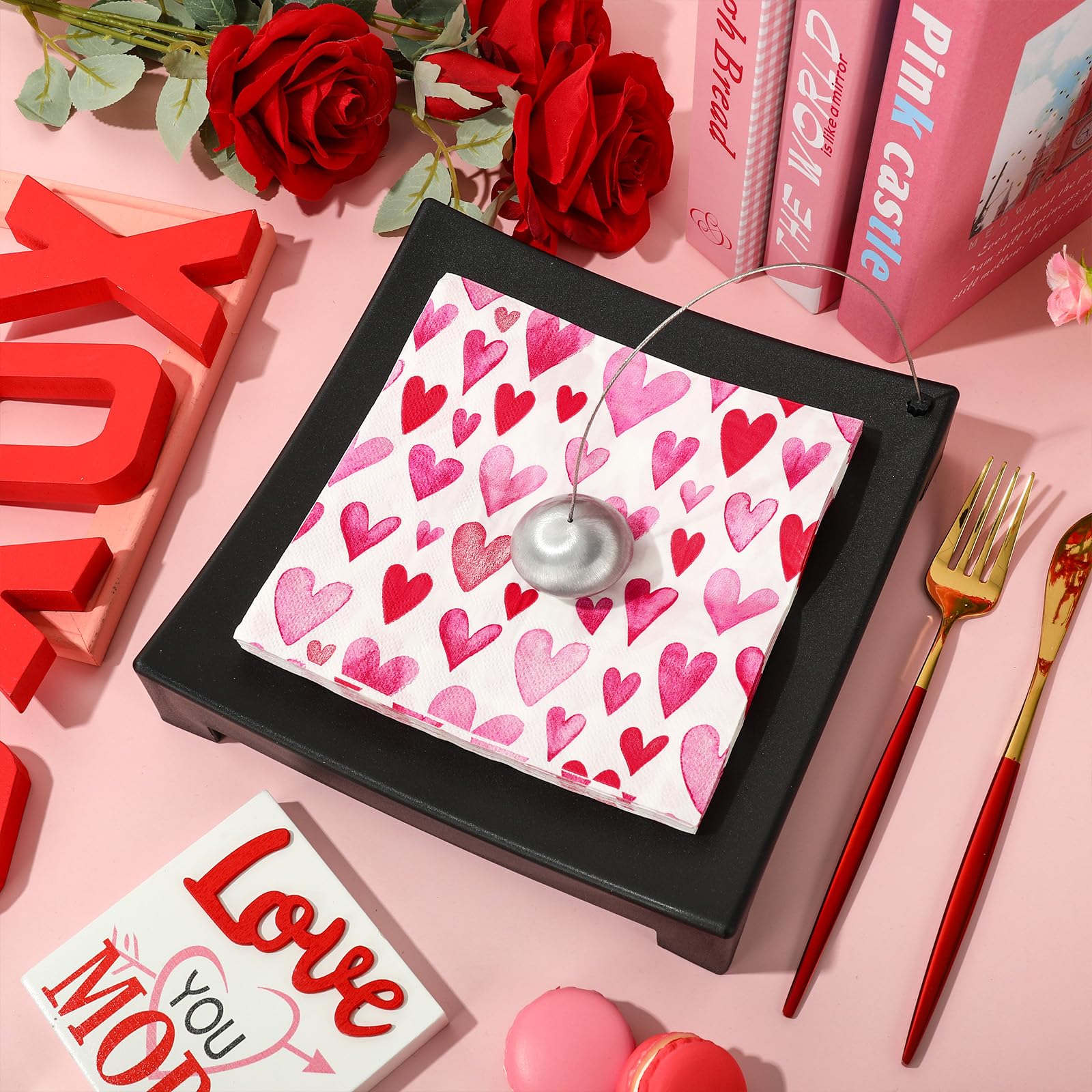 Anydesign 50 Pack Valentines Day Paper Napkins Pink Watercolor Heart Disposable Luncheon Dinner Napkins For Party Supplies Table