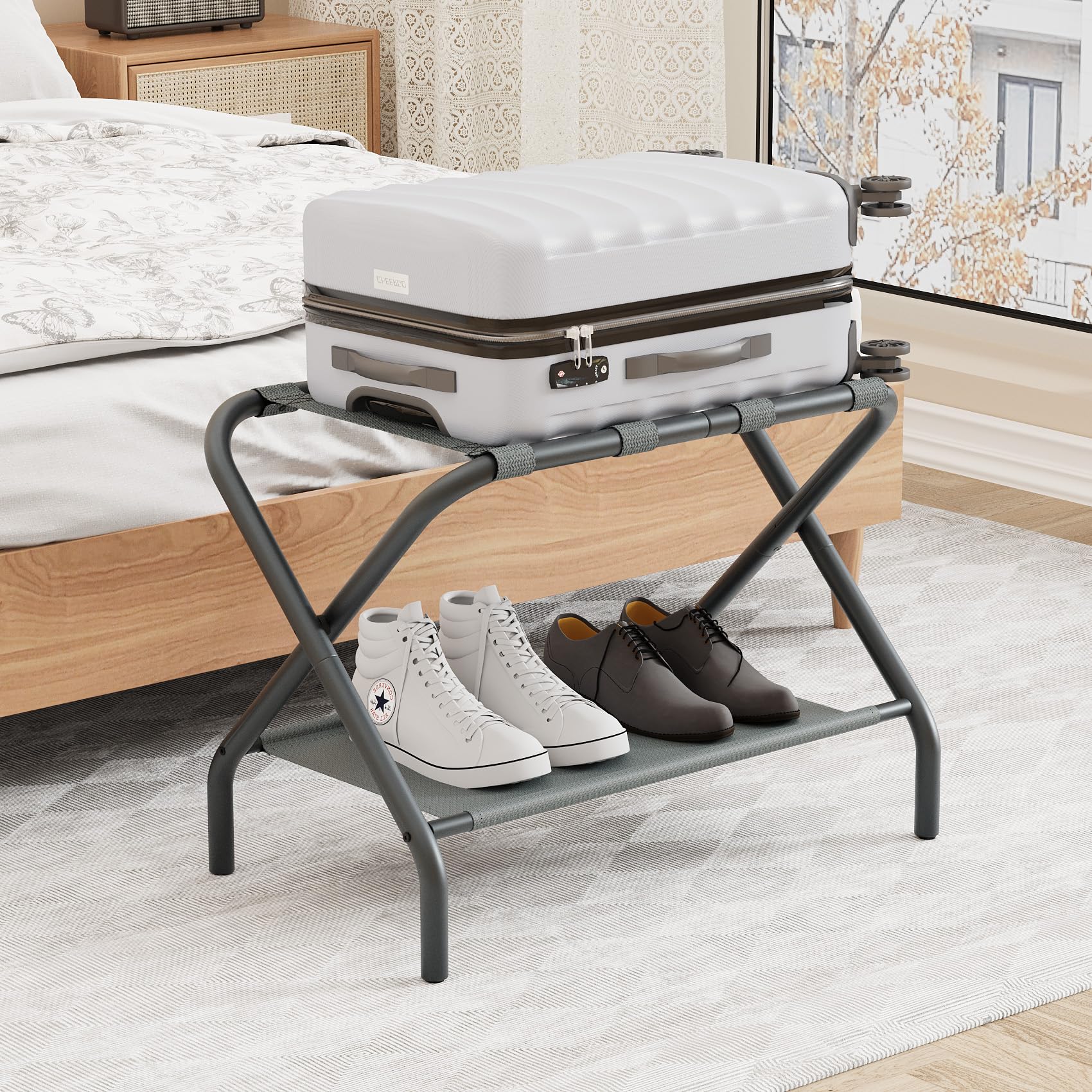Smuxee Copper Luggage Rack, Foldable Suitcase Stand With Fabric Storage Shelf, Luggage Holder With 4 Nylon Straps For Guest Room