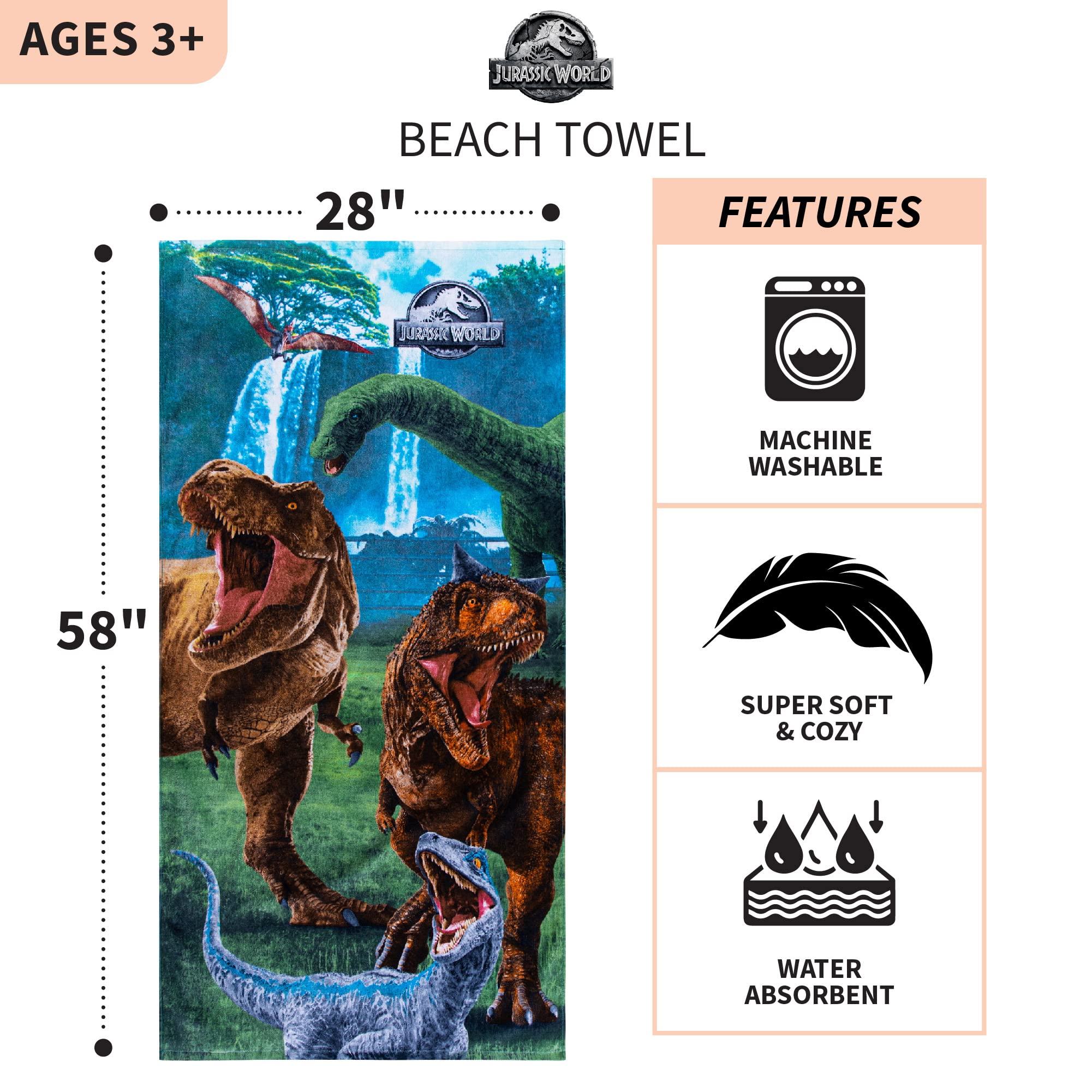 Jurassic World Dominion Blue Velociraptor and Rexy T-Rex Super Soft Cotton Bath/Pool/Beach Towel  58 Inches x 28 Inches  By Franco Kids