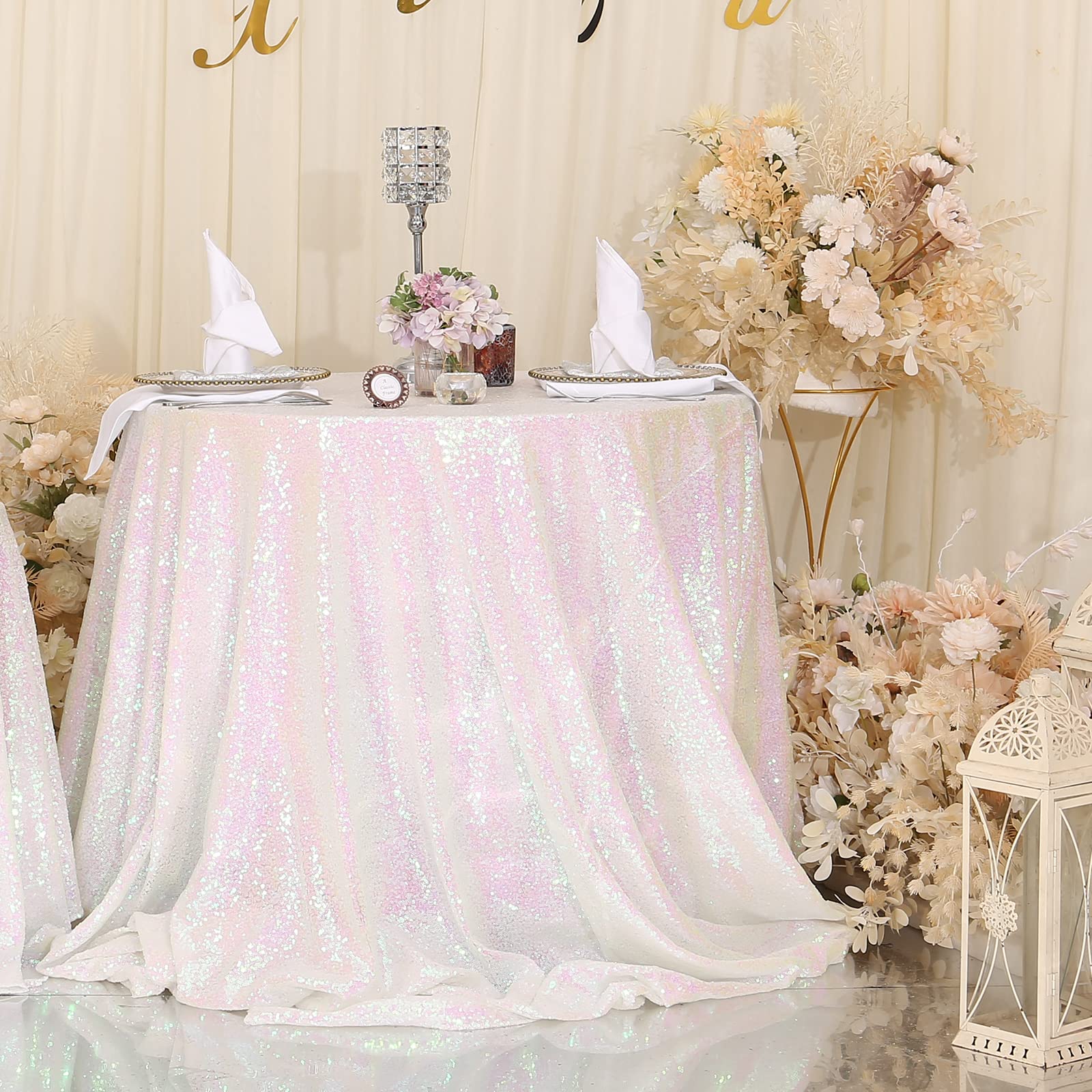 Eternal Beauty Iridescent 72'' Round Sequin Tablecloth- Sparkly Sequin Overlay For Wedding Party/Dessert Table/Christmas Decorat