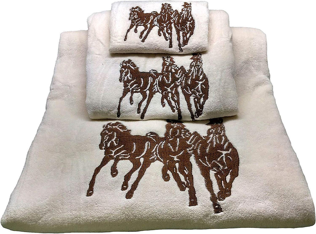 Paseo Road By Hiend Accents Western Horse 3 Piece Rustic Bathroom Towel Set, Cream Southwestern Towels With Embroidery, Lodge Ba