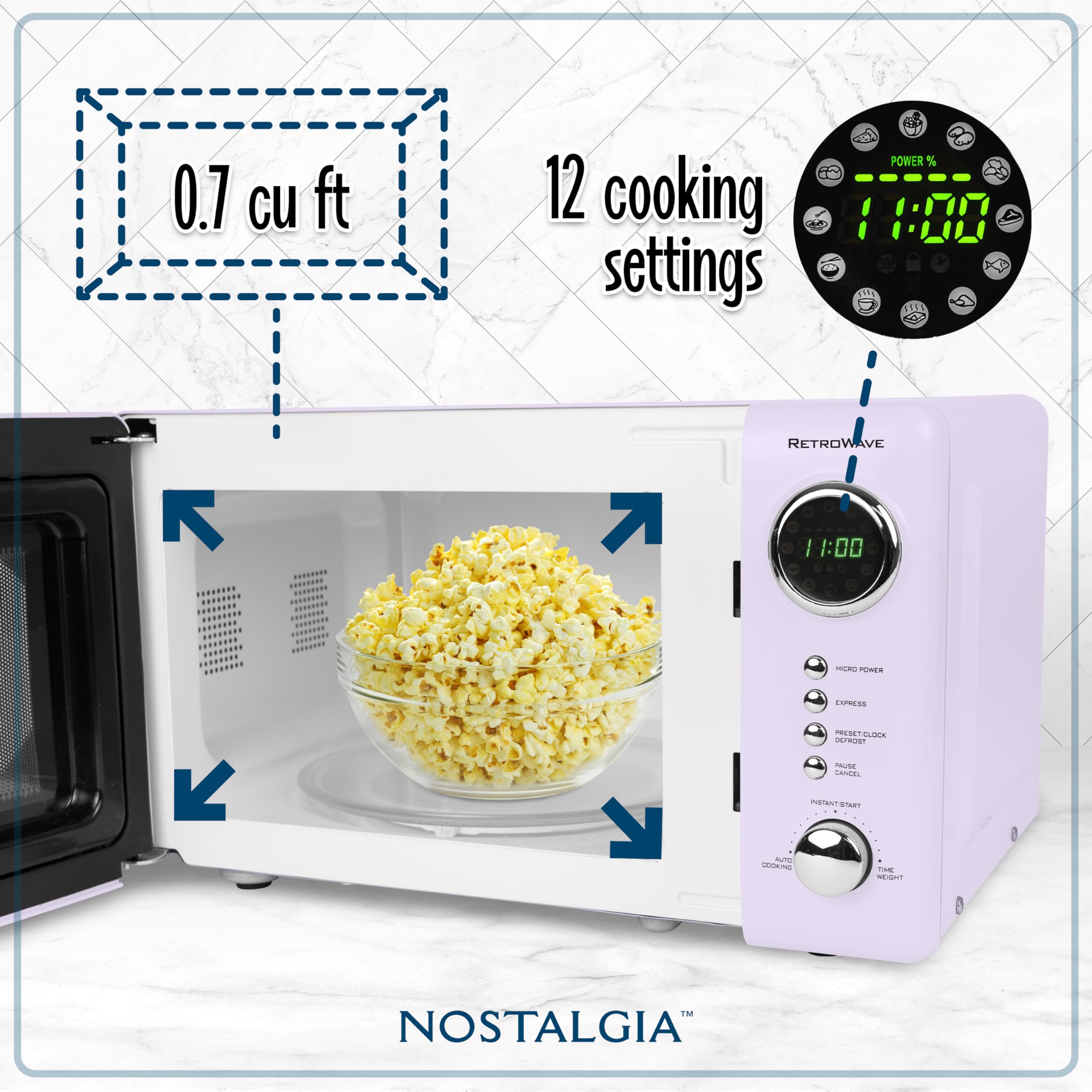 Nostalgia Retro Microwave Oven 700W, 0.7 Cu. Ft, Lavender - LED Display, Child Lock, Easy Clean Interior