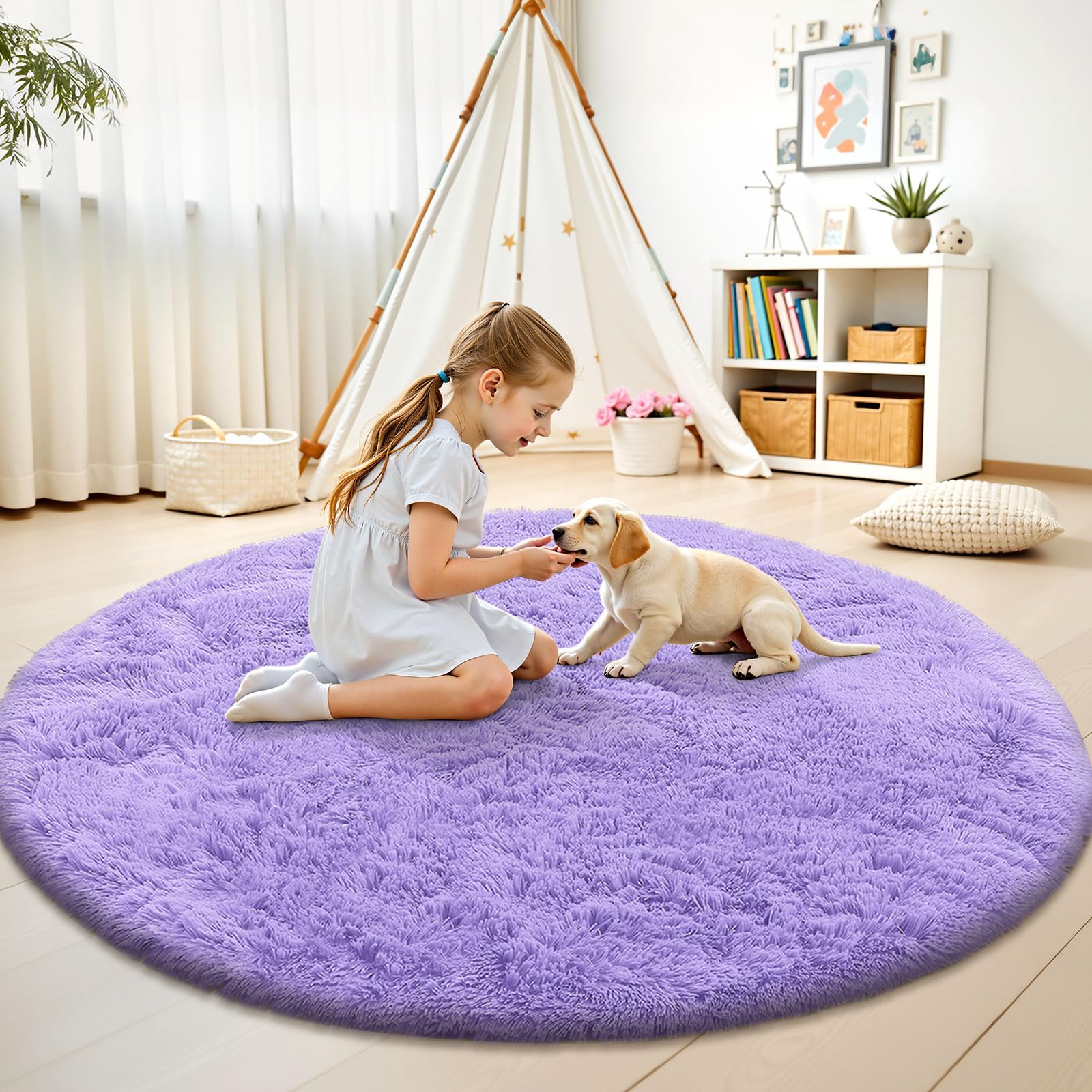 OLANLY Light Purple Round Rugs for Bedroom - Machine Washable, 4 ft Circle Area Rugs for Living Room, Soft and Fluffy Shaggy Car