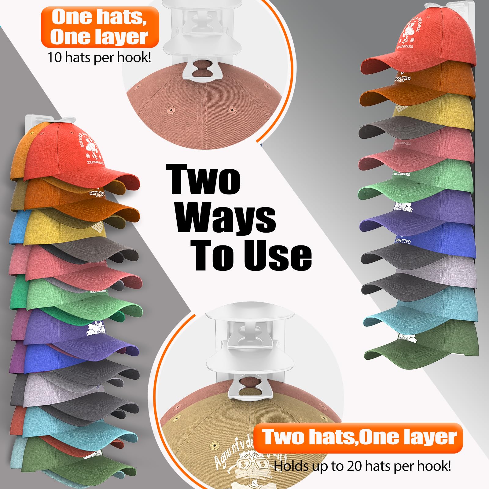 Hat Organizer for Baseball Caps Hold Up to 40 Hats, 2 Pack Hat Rack for Wall, Strong Adhesive Hat Storage Display Holder(White-2