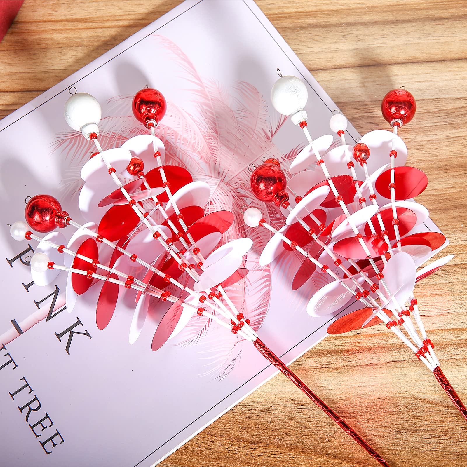ZHANYIGY 6PC Set 12 H Red White Christmas Ornaments Sequins Ball Pick, Christmas Tree Decorations Christmas Tree Topper Star Hom