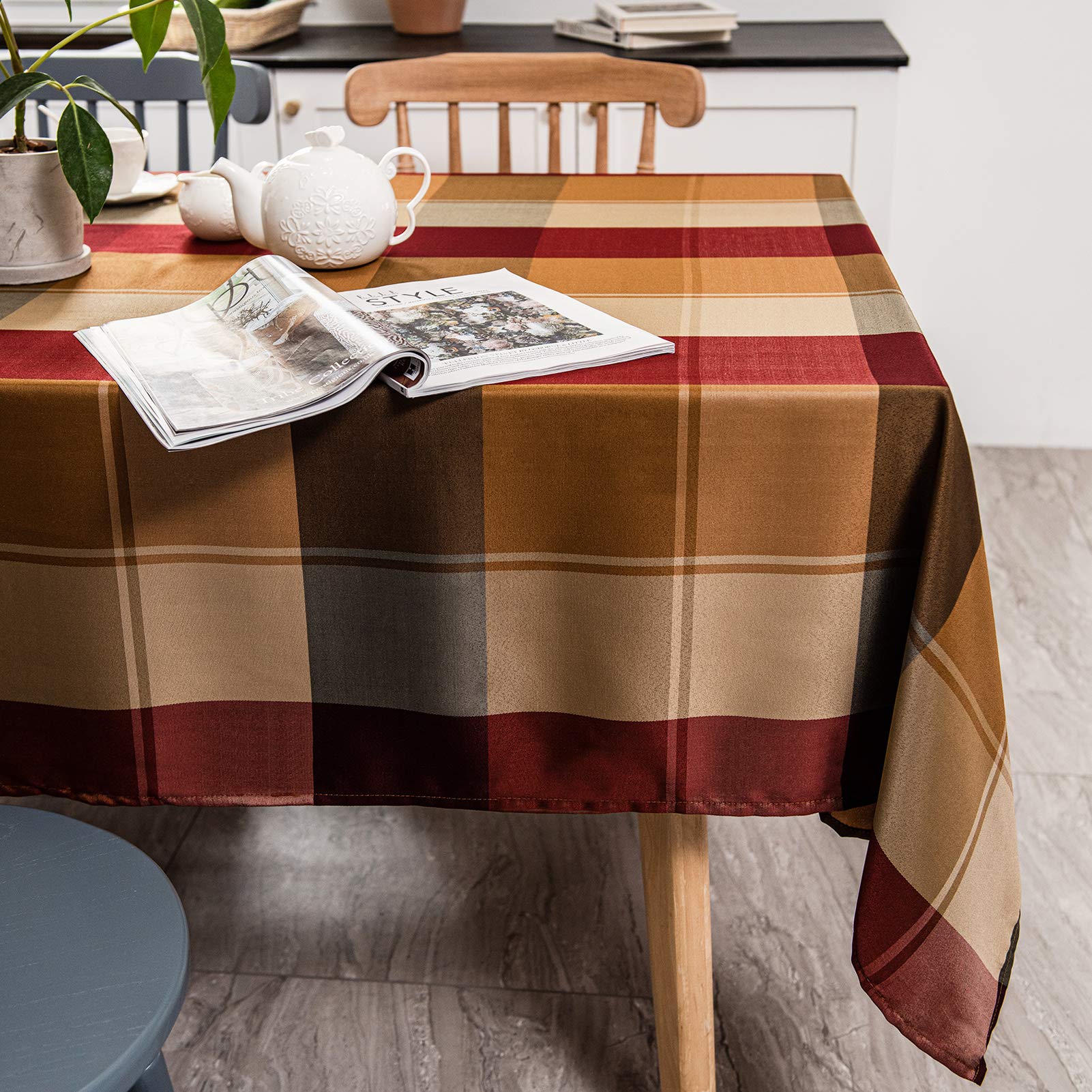 Melodieux Plaid Tablecloth Rectangle Cotton Linen Textured Holiday Table Cover Spillproof Water Wrinkle Resistant Vintage Tablet