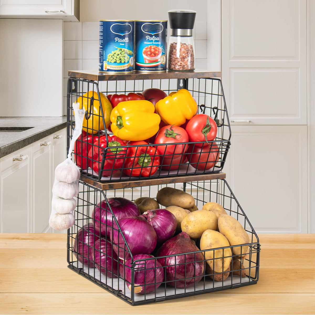 Mefirt Fruit Basket, Stackable Wall Mounted Fruit Baskets, Potato Basket Onion Storage For Kitchen, Hanging Wire Basket With Woo