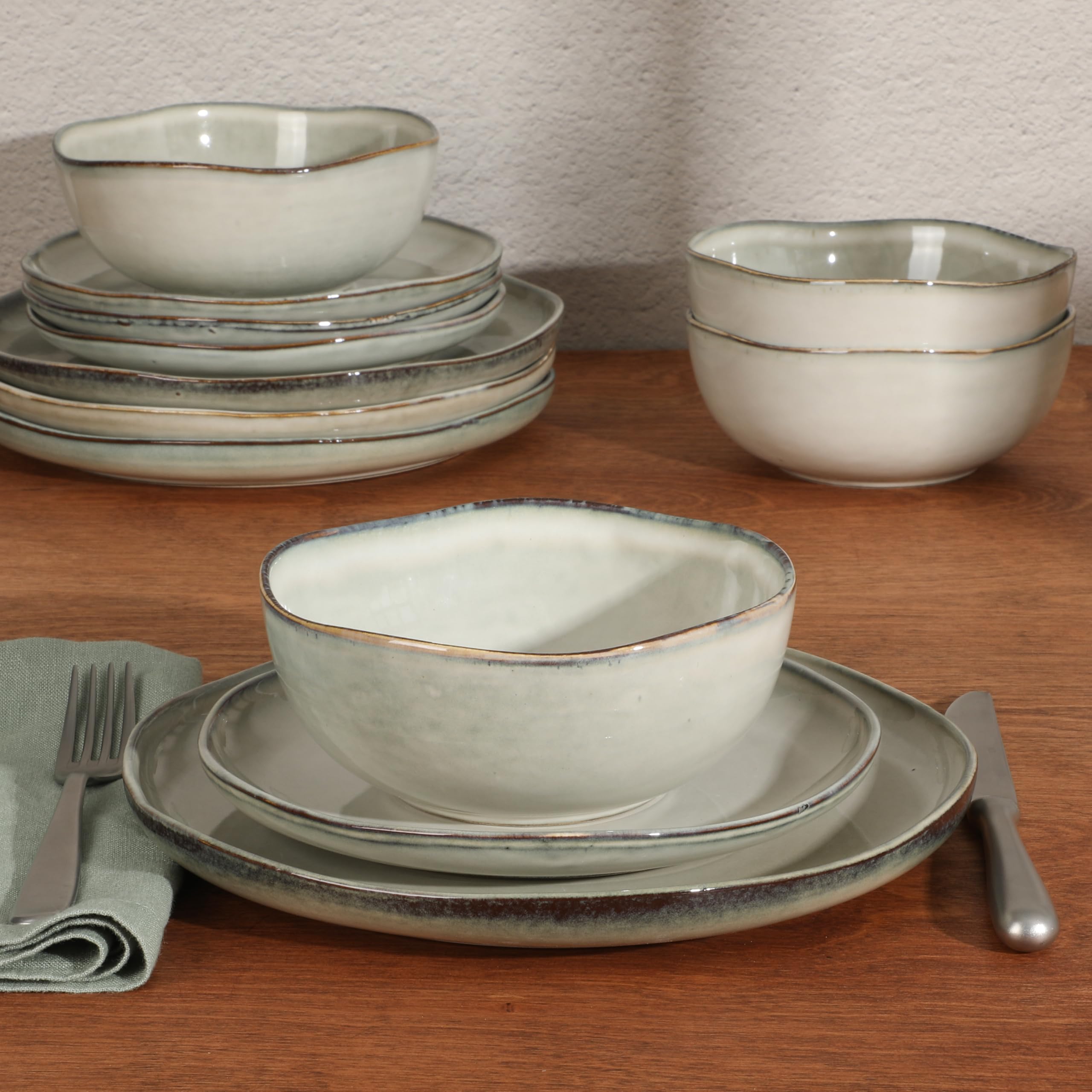Gibson Soho Lounge Nardini 12 Piece (Service for 4) Plates and Bowls Reactive Glaze Dishes Stoneware Ceramic Dinnerware Set - Mo