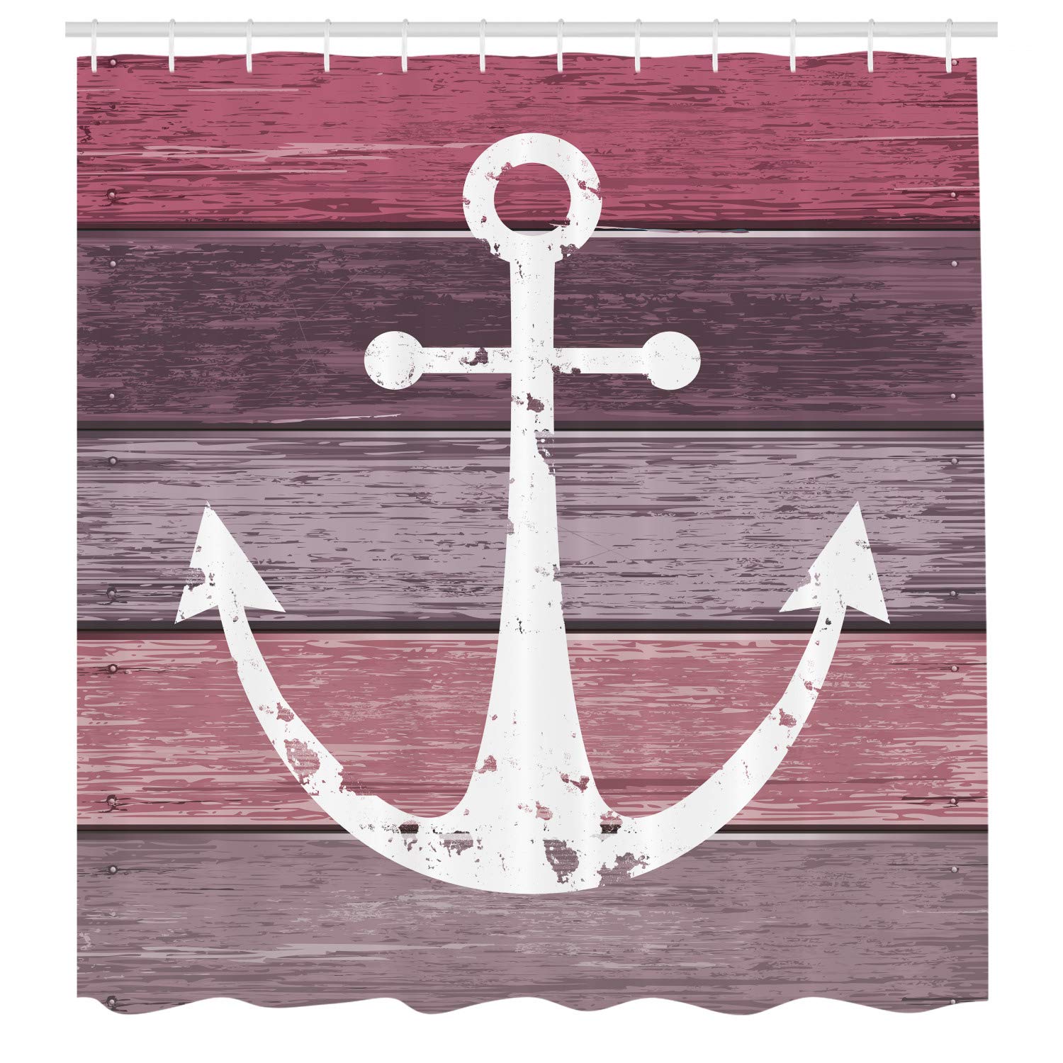 Ambesonne Anchor Shower Curtain, Sailor Marine Theme On Wooden Planks In Rustic Pinkish Tones Drawing Picture, Fabric Decor For