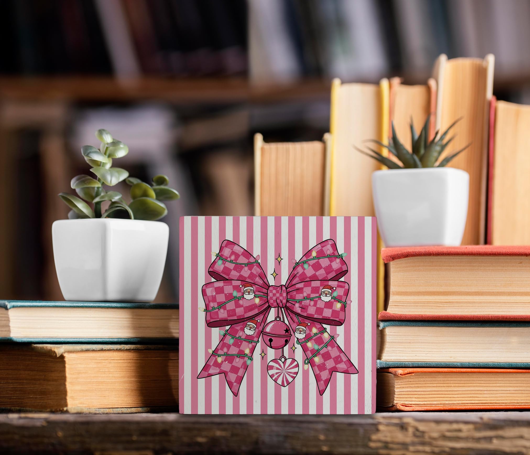 kunlisa Coquette Hot Pink Bow Christmas Wooden Sign, Preppy Christmas Decorations, Retro Girly Xmas Santa Checkered Bow Wood Box