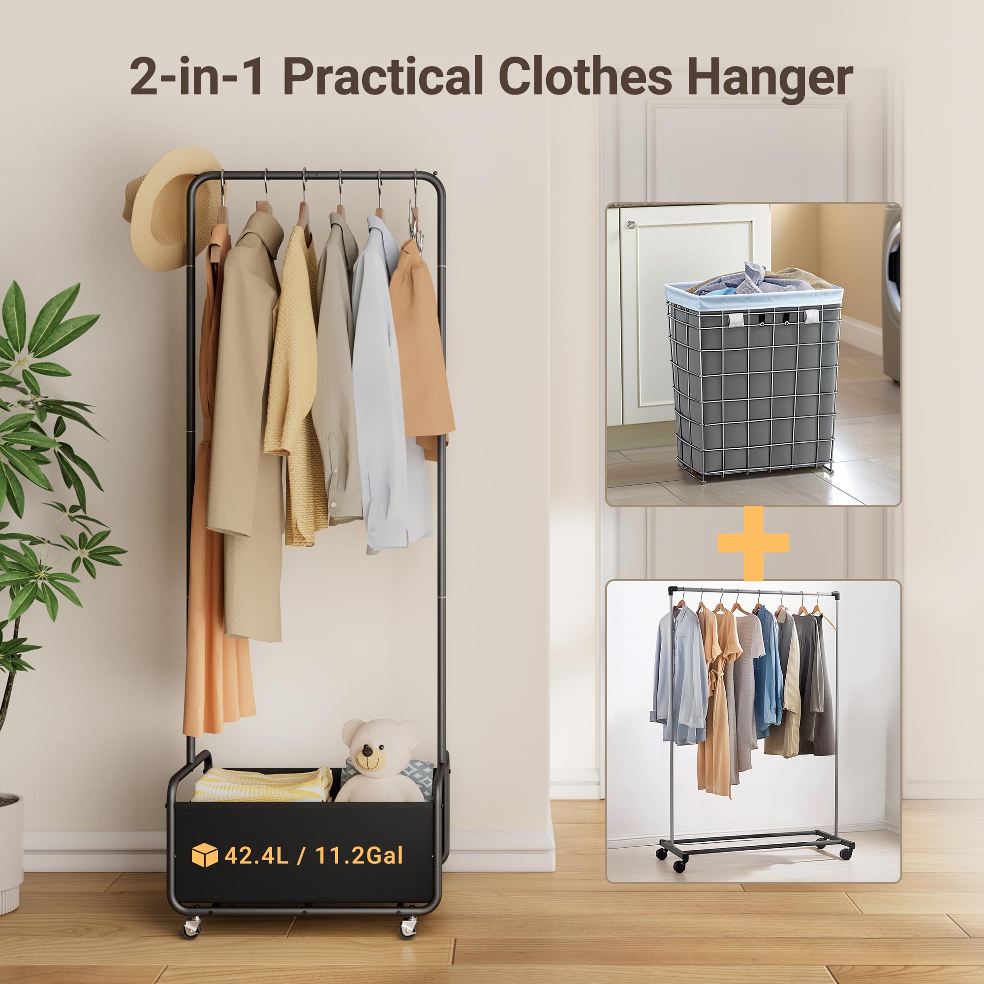 Dunatou Small Clothes Rack With Wheels, Heavy Duty Small Clothing Rack, 2-In-1 Metal Garment Rack With Basket, Clothes Racks For