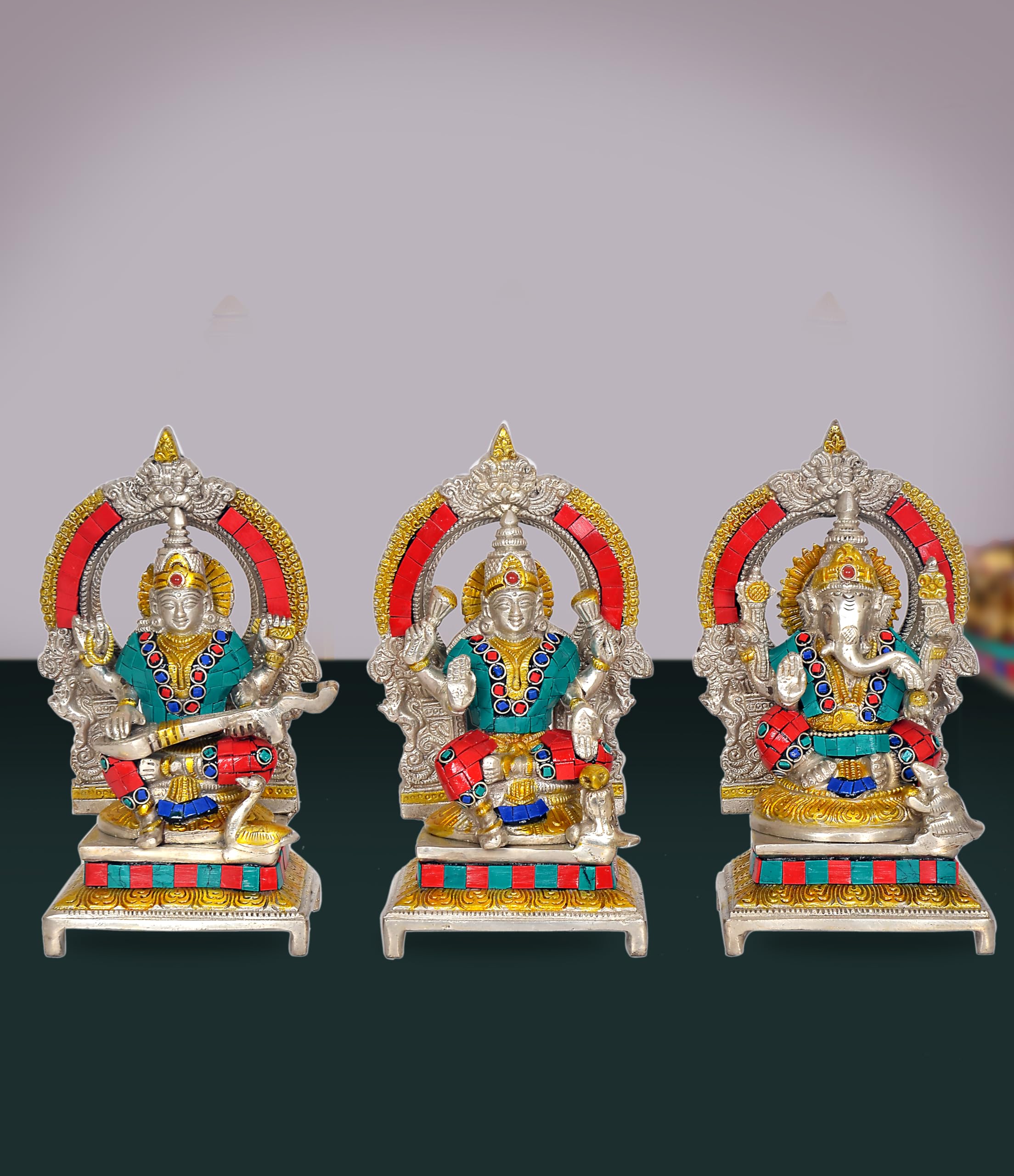 Aona Lord Ganesh Maa Lakshmi And Maa Saraswati Brass Idol Sculpture Murti Statue Silver Height 7 Inches