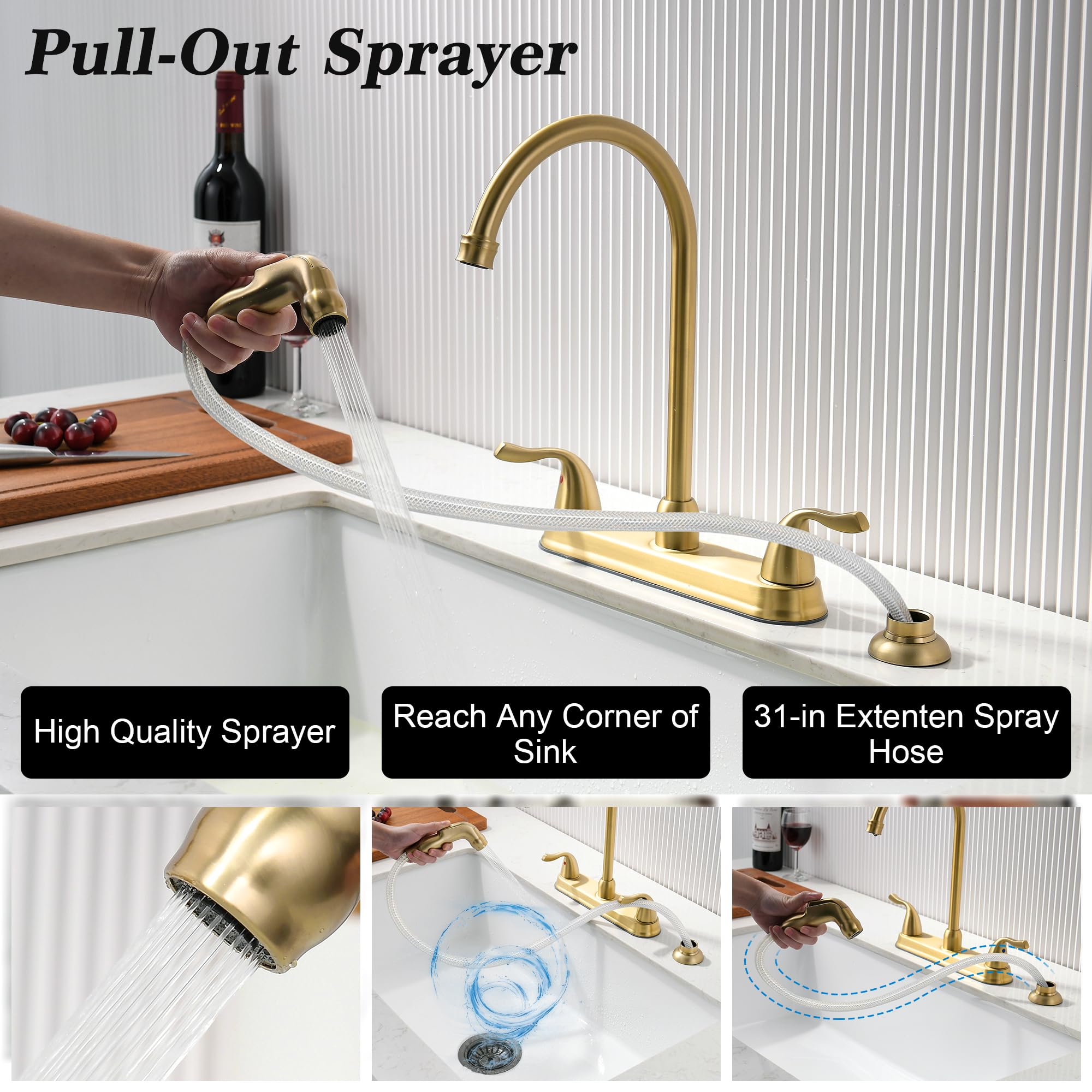 Fropo Gold Kitchen Faucet With Side Sprayer - 2 Handles 8Inch 3 Or 4 Hole Kitchen Sink Faucet Modern Brass Kitchen Golden Faucet
