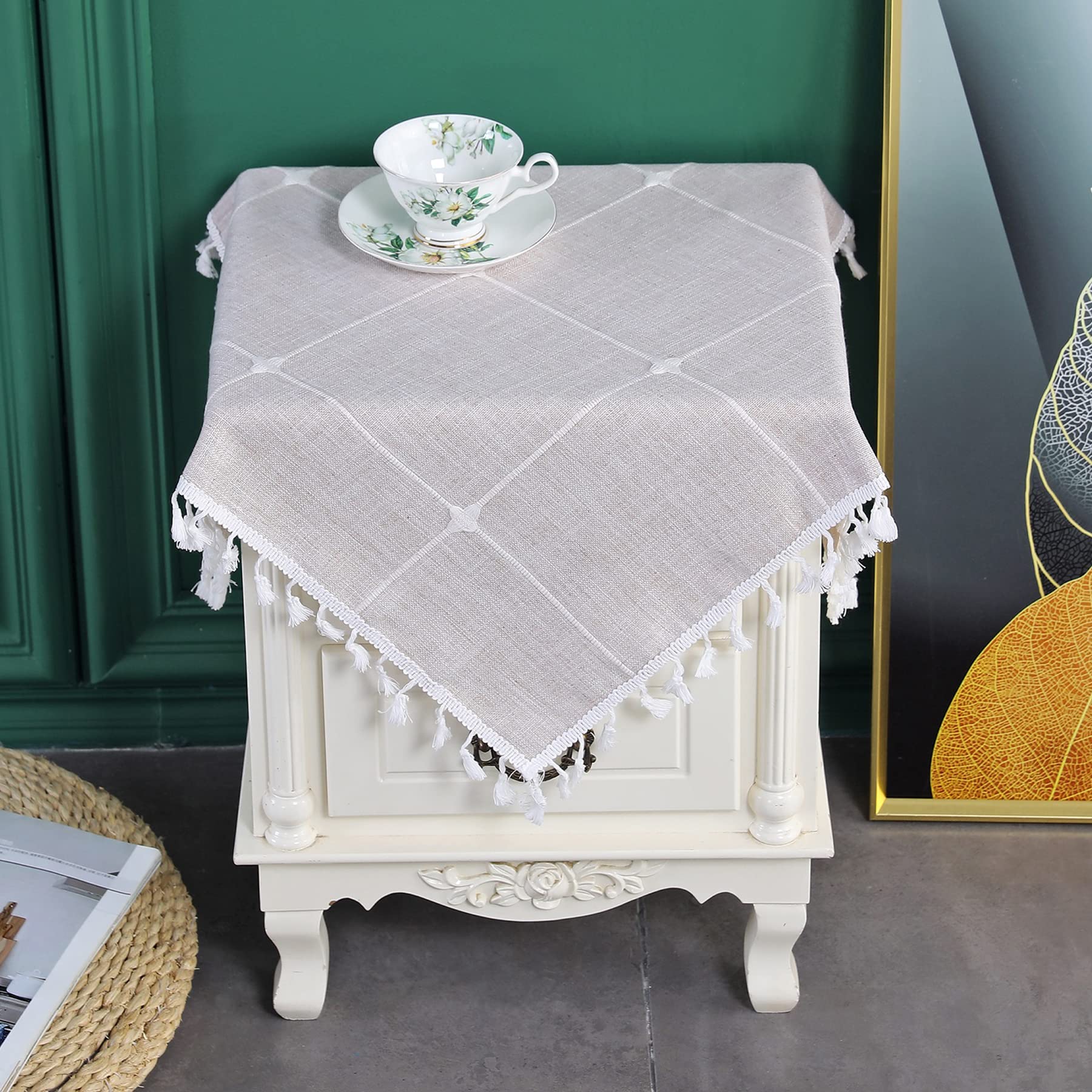 Embroidery Lattice Small Square Tablecloth With Tassel Heavy Duty Rustic Fabric Cloth Wrinkle Resistant End Side Table Cove For