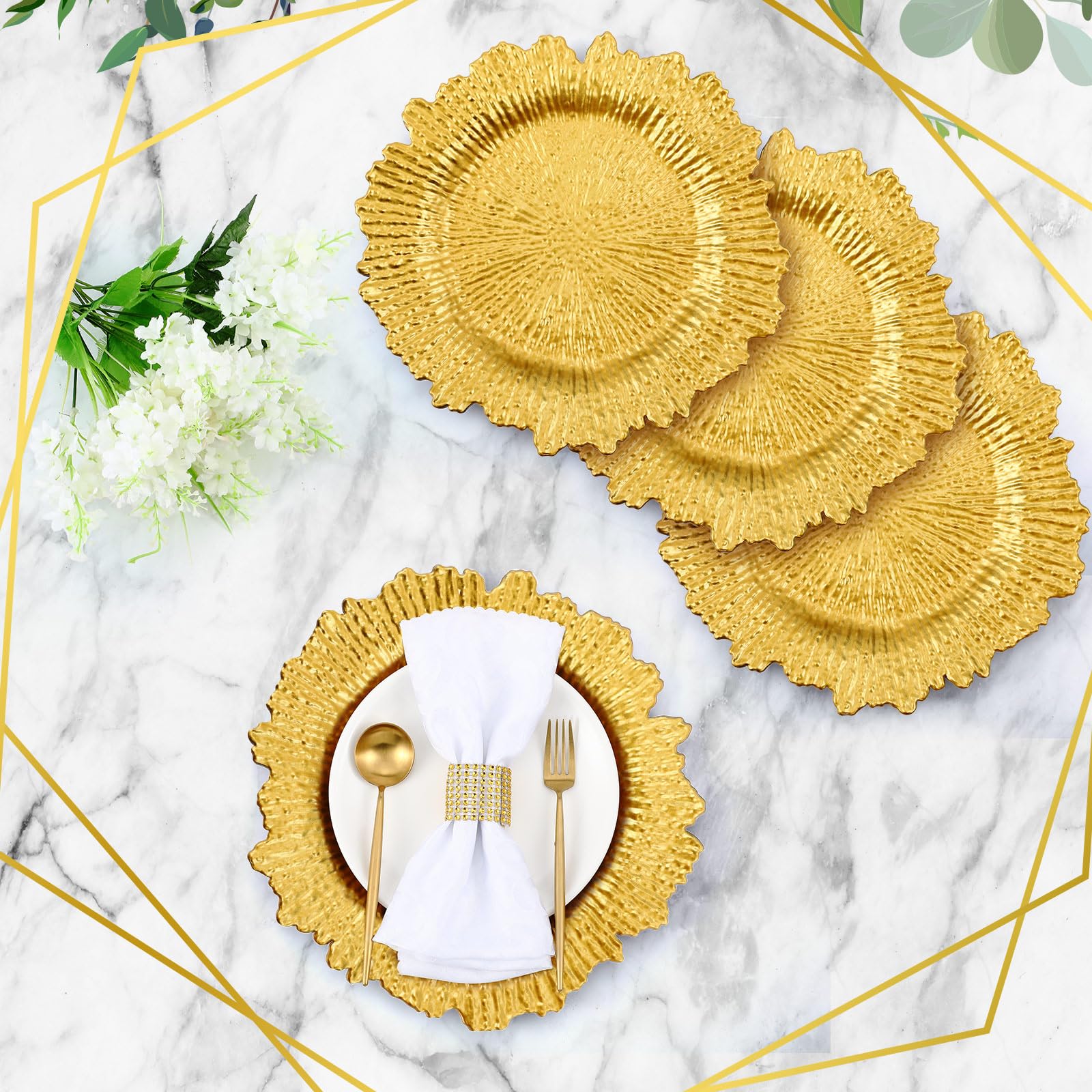 Rtteri 50 Pcs 13 Inch Charger Plates Bulk, Plastic Charger Plates with Floral Reef Design, Round Ruffled Rim Decorative Dinner T