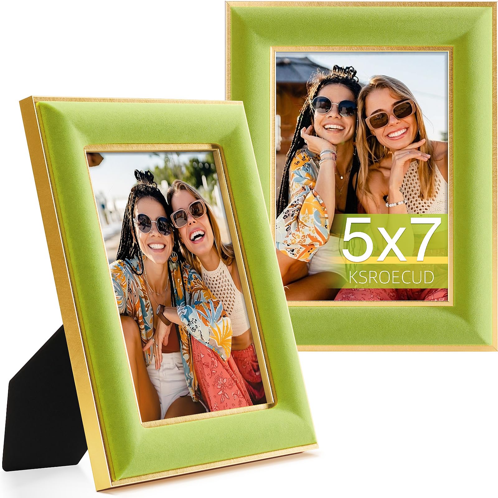 KSROECUD 5x7 Velvet Picture Frame, Light Green Photo Frames with Modern Simple Metallic Gold Border, HD Real Glass Horizontal & 