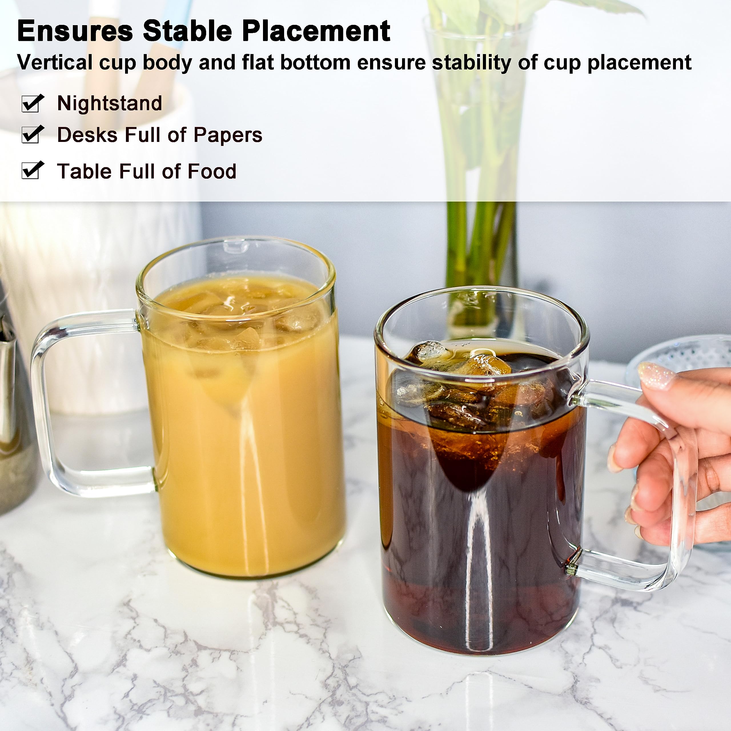 Aquach 4Pcs 18 Oz Clear Glass Coffee Mugs With Handle - Large Cups For Coffee, Tea, Latte, Cappuccino