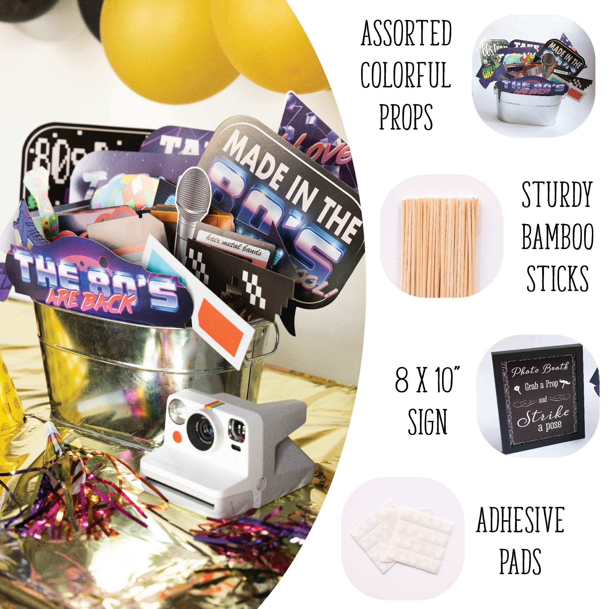 80s Photo Booth Props - 41-pc Photo Prop Kit with 8 x 10-Inch Sign  60 Adhesive Pads  45 Sticks - 80s Decorations - 80s Theme Party Decorations - 80's Theme Party Supplies