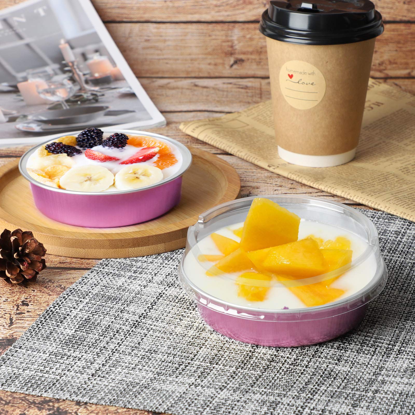 Beasea Mini Pie Pans With Lids, 4 Inch 50 Pack Disposable Mini Pie Tins Tart Pans, 8 Oz Pink Aluminum Pie Pan Tin Tart Pans Roun