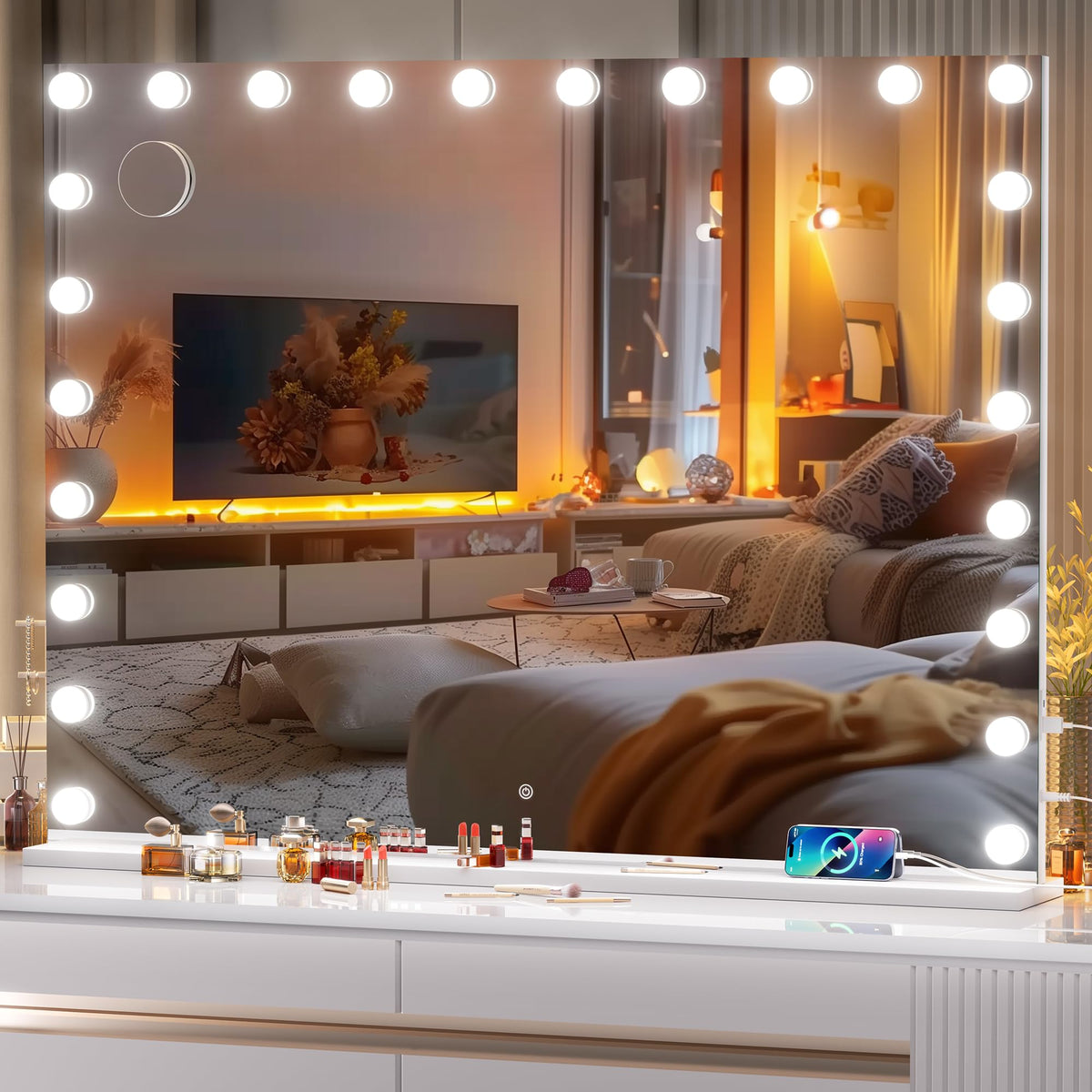 Ouboyo Vanity Mirror With Lights, 47'' X 35'' Hollywood Mirror, Makeup Mirror With 24 Dimmable Bulbs And 5X Magnification, 3 Col
