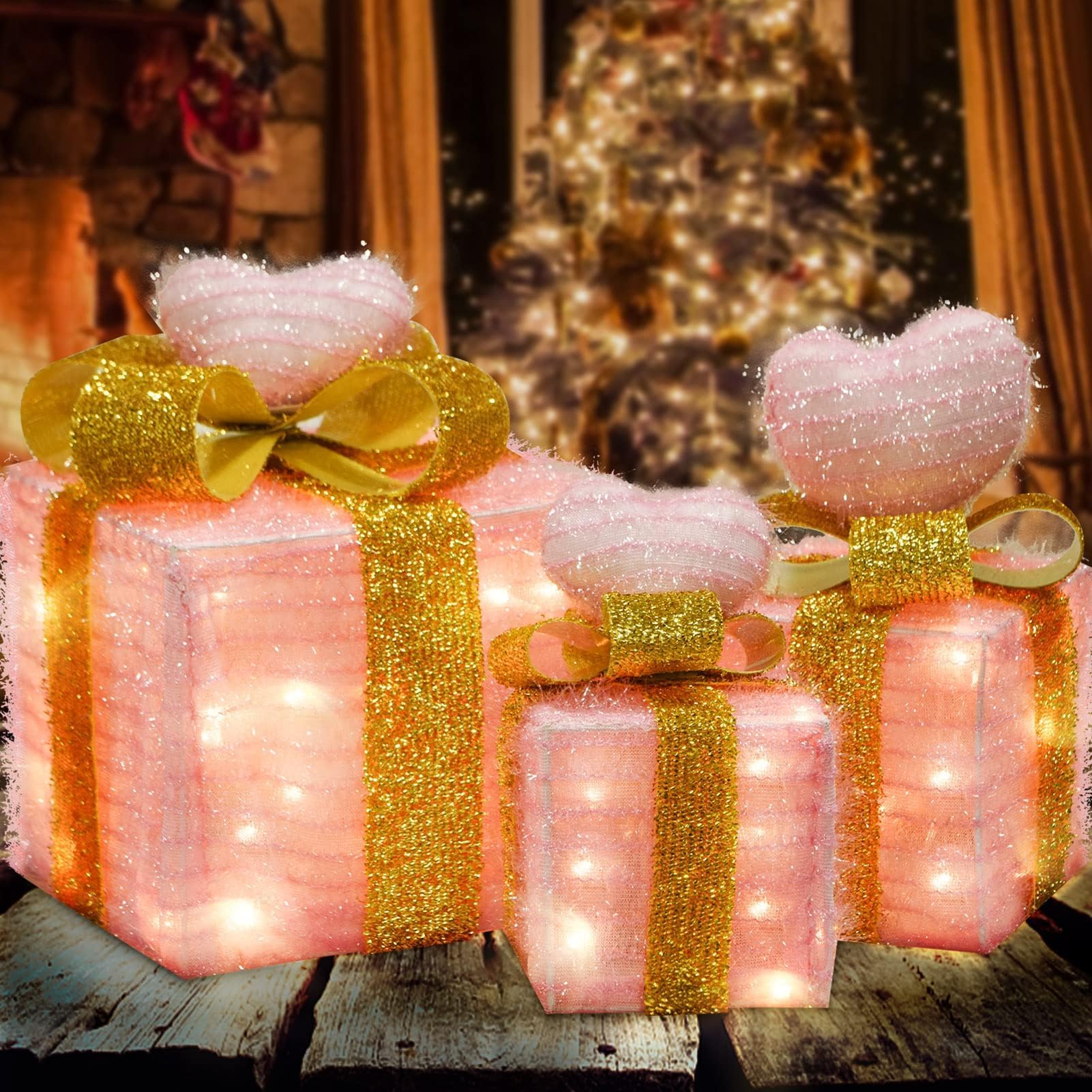 Tngan Pink Lighted Gift Boxes, Christmas Decorations for Indoor Outdoor, Room Decor for Bedroom, 60 LED Light Up Pink Gifts Batt