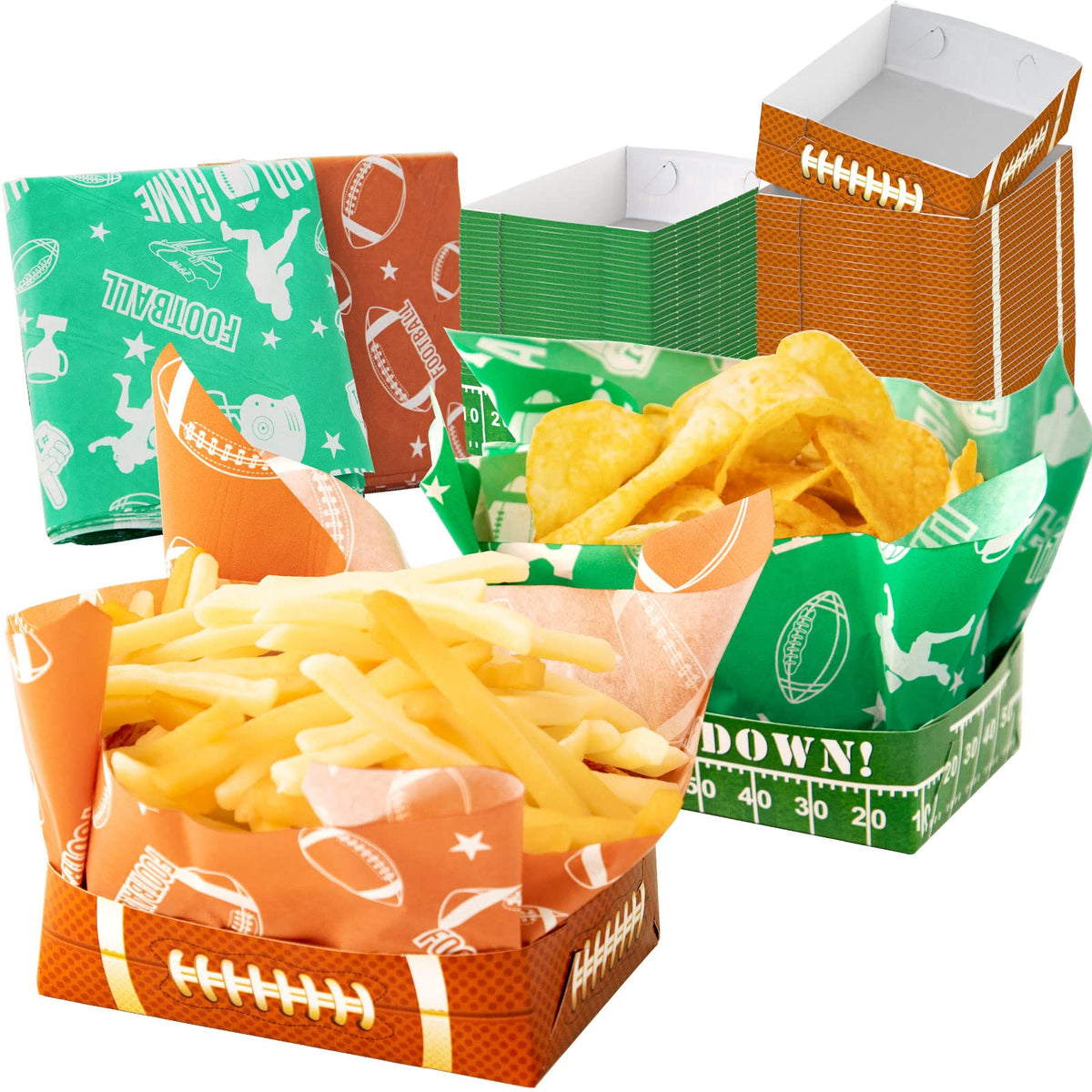 Axyi 50 Pack Football Party Paper Food Trays, Superbowl Party Decorations, Disposable Food Serving Paper, Football Party Food Bo