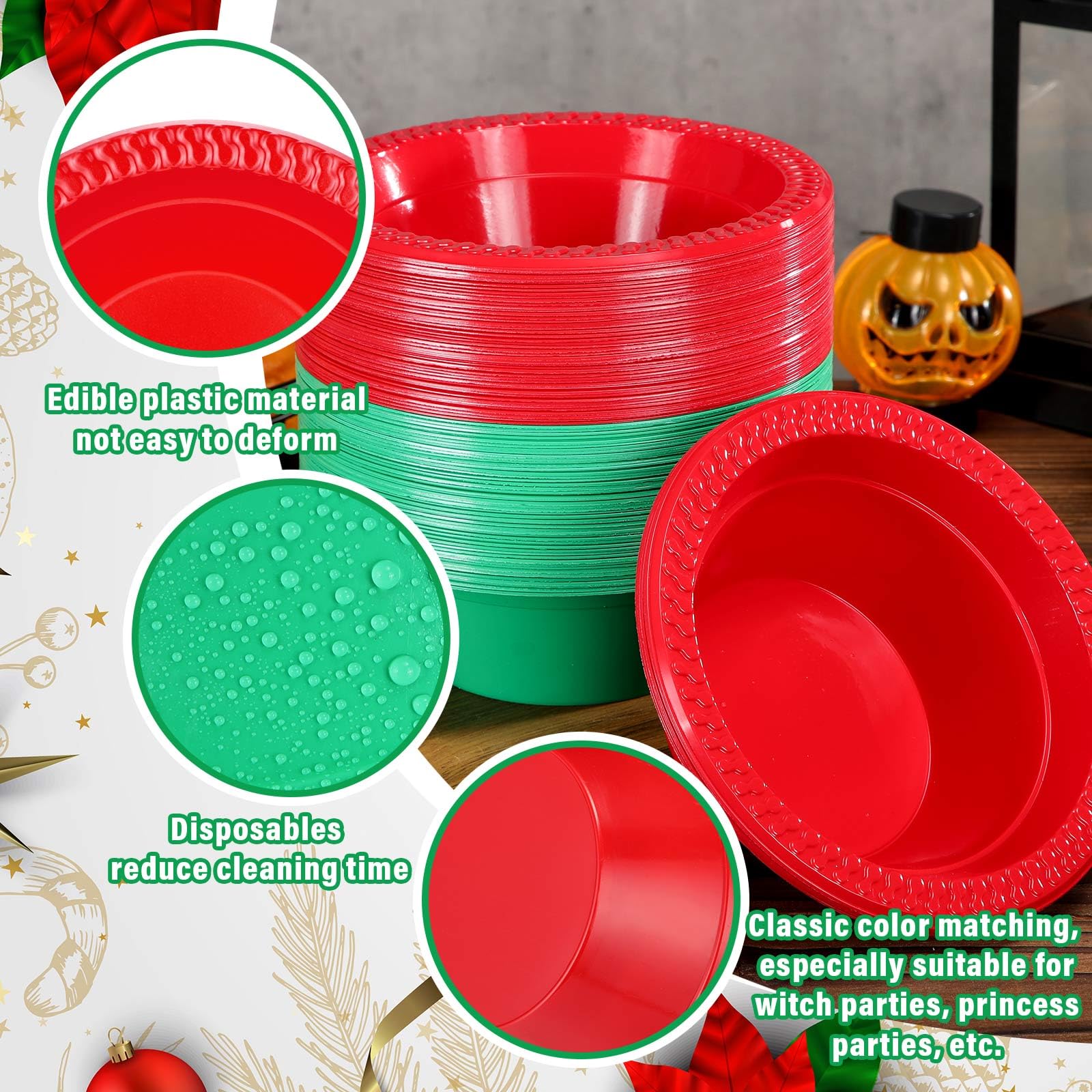 Layhit 100 Pcs Valentines Day Christmas Disposable Plastic Bowls 12 oz Soup Dessert Salad Bowl Candy Snack Plate Serving Suppli