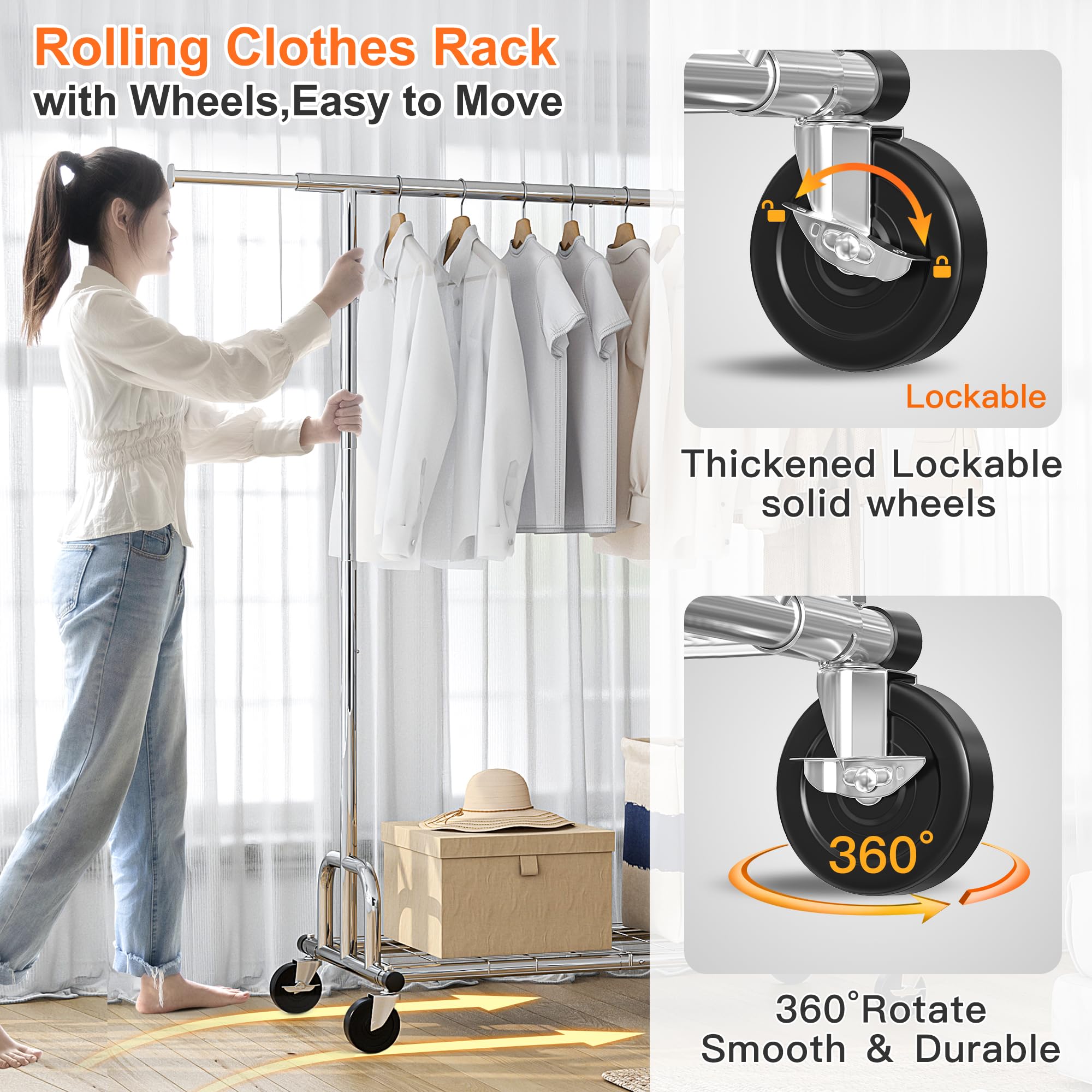 Raybee Clothing Rack Loads 480Lbs,Clothing Racks For Hanging Clothes,Adjustable Rolling Clothes Rack With Wheels,Garment Rack He