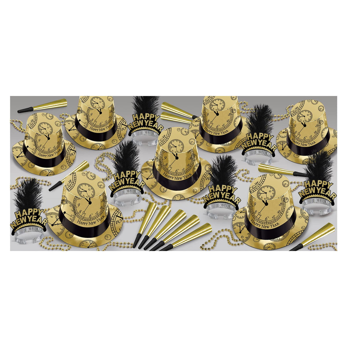 Beistle Black & Gold Happy New Year'S Eve Party Supplies Assortment For 50 People - Nye Photo Booth Props - Hats, Tiaras, Noisem