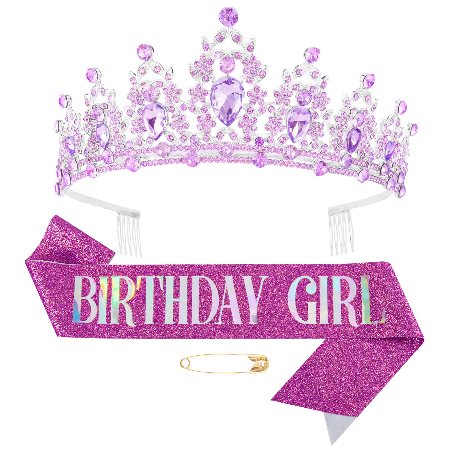 Didder Purple Birthday Girl Sash & Crystal Crown Set, Birthday Crown Birthday Tiara For Women Birthday Crowns For Women Girls Bi
