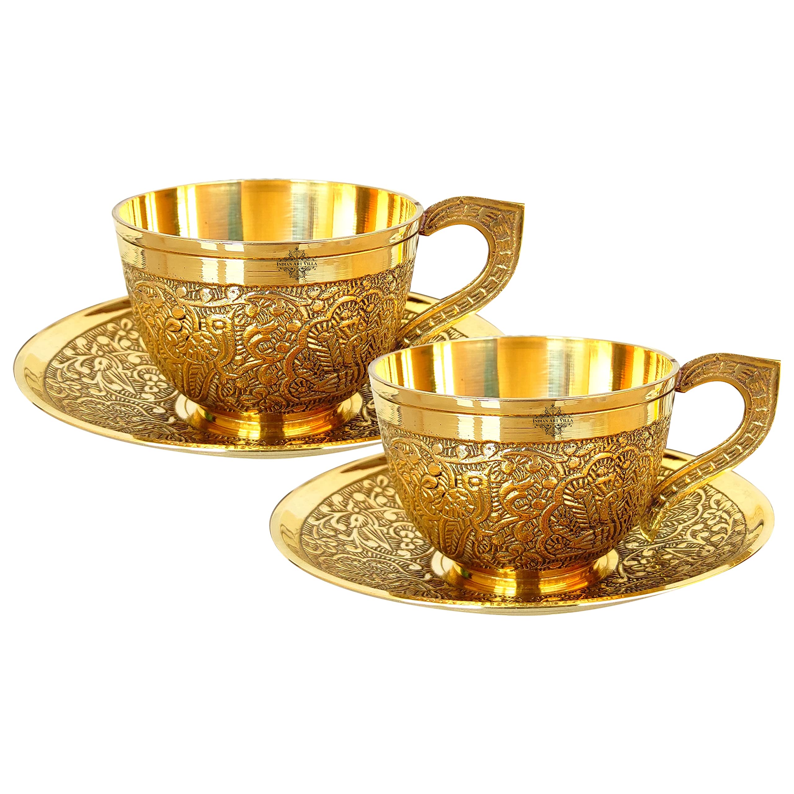 Indian Art Villa Pure Brass Embossed Design Set Of 2 Cup & Saucer, Serving Tea Coffee, Tableware, Volume 150 Ml
