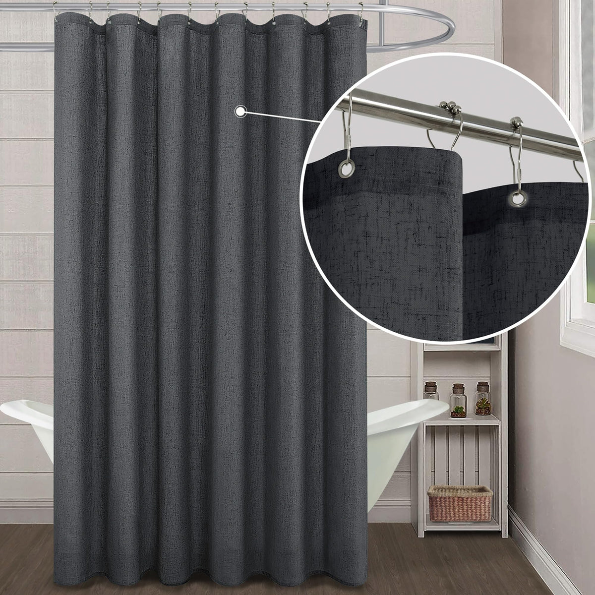 Koufall Dark Grey Shower Curtains For Bathroom Set With Hooks,Waterproof Linen Cloth Fabric Shower Curtain,Charcoal Grey,72X72 I