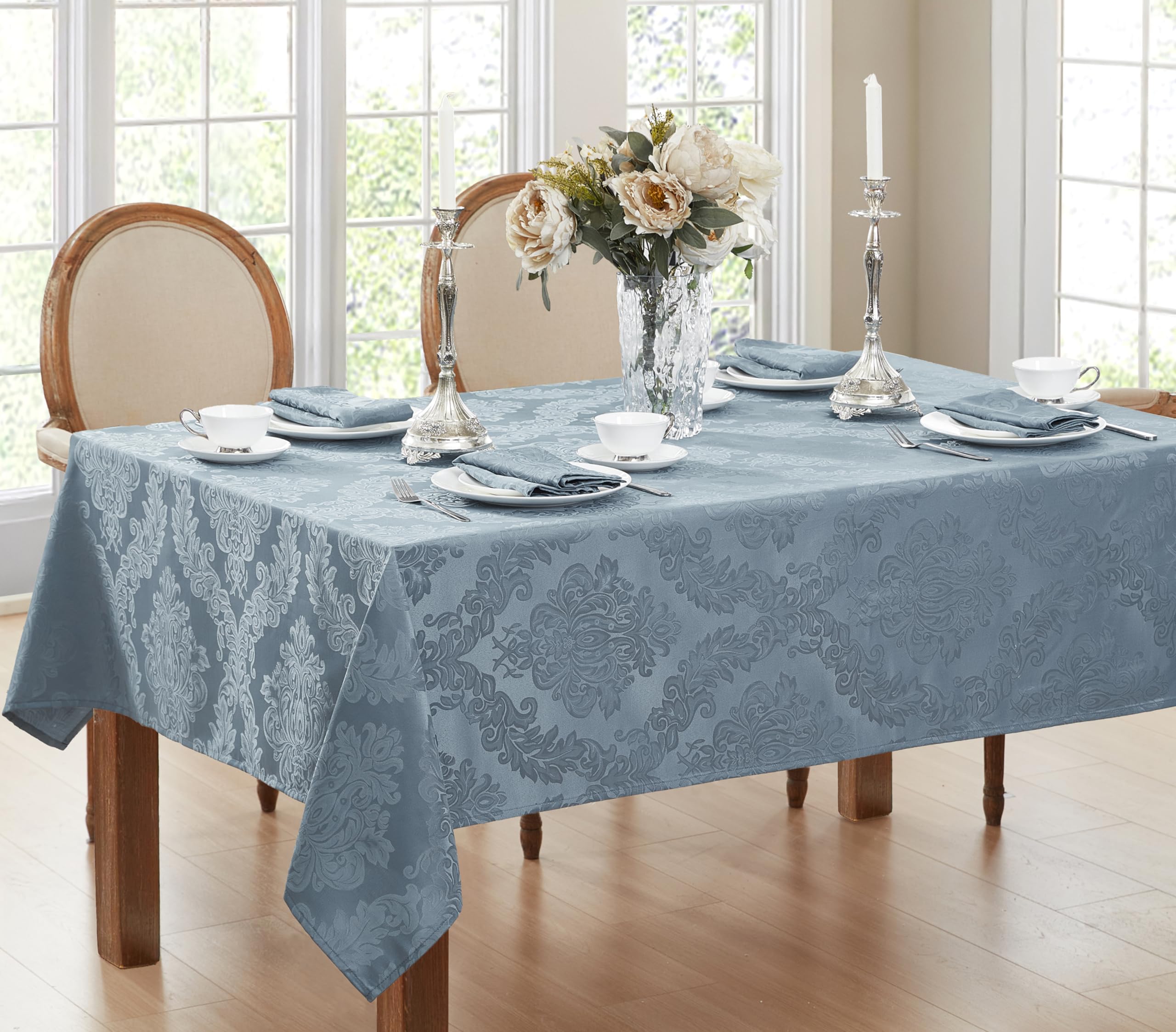 Newbridge Barcelona Damask Fabric Tablecloth, 52 x 70 Inch Rectangle, Blue - No Iron, Soil Resistant Table Cover for Dining, Par