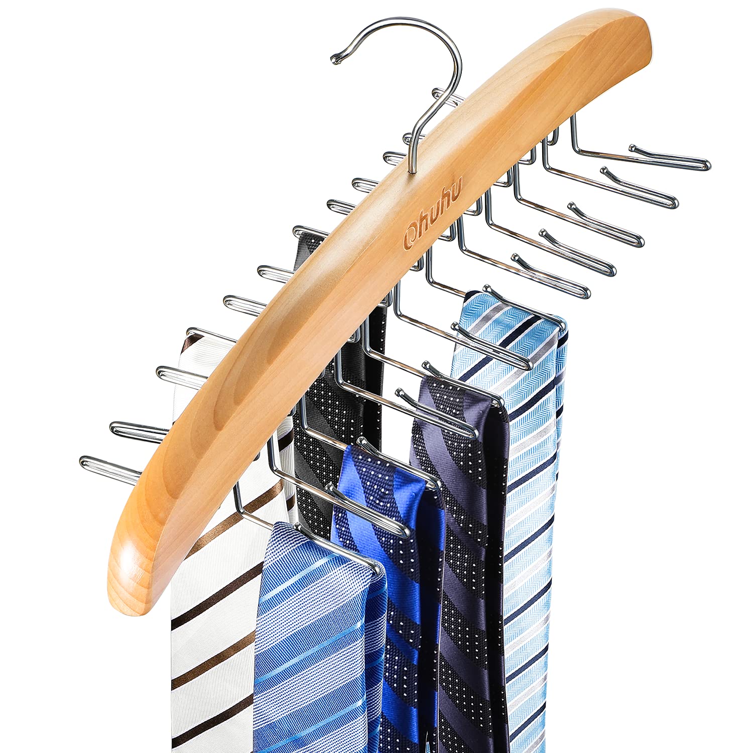 Ohuhu Tie Rack Hanger For Closet, Wooden Tie Holder Organizer Necktie Storage With 24 Folding Hooks, 360 Degree Rotating Tie Rac