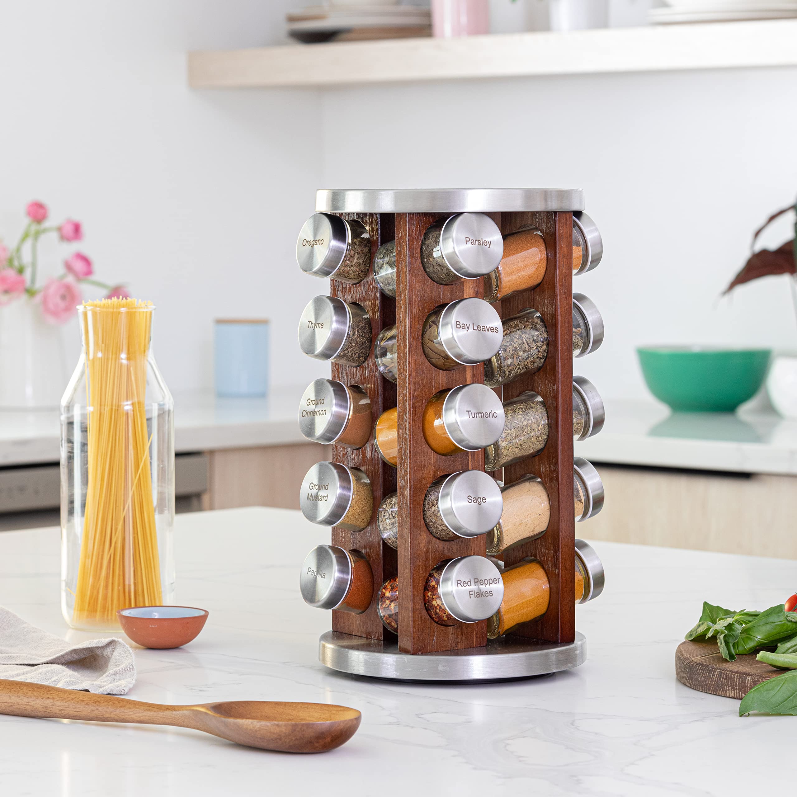 Orii 20 Jar Dark Acacia Wood Spice Rack With Spices Included - Rotating Tower Organizer For Kitchen Spices And Seasonings, Free
