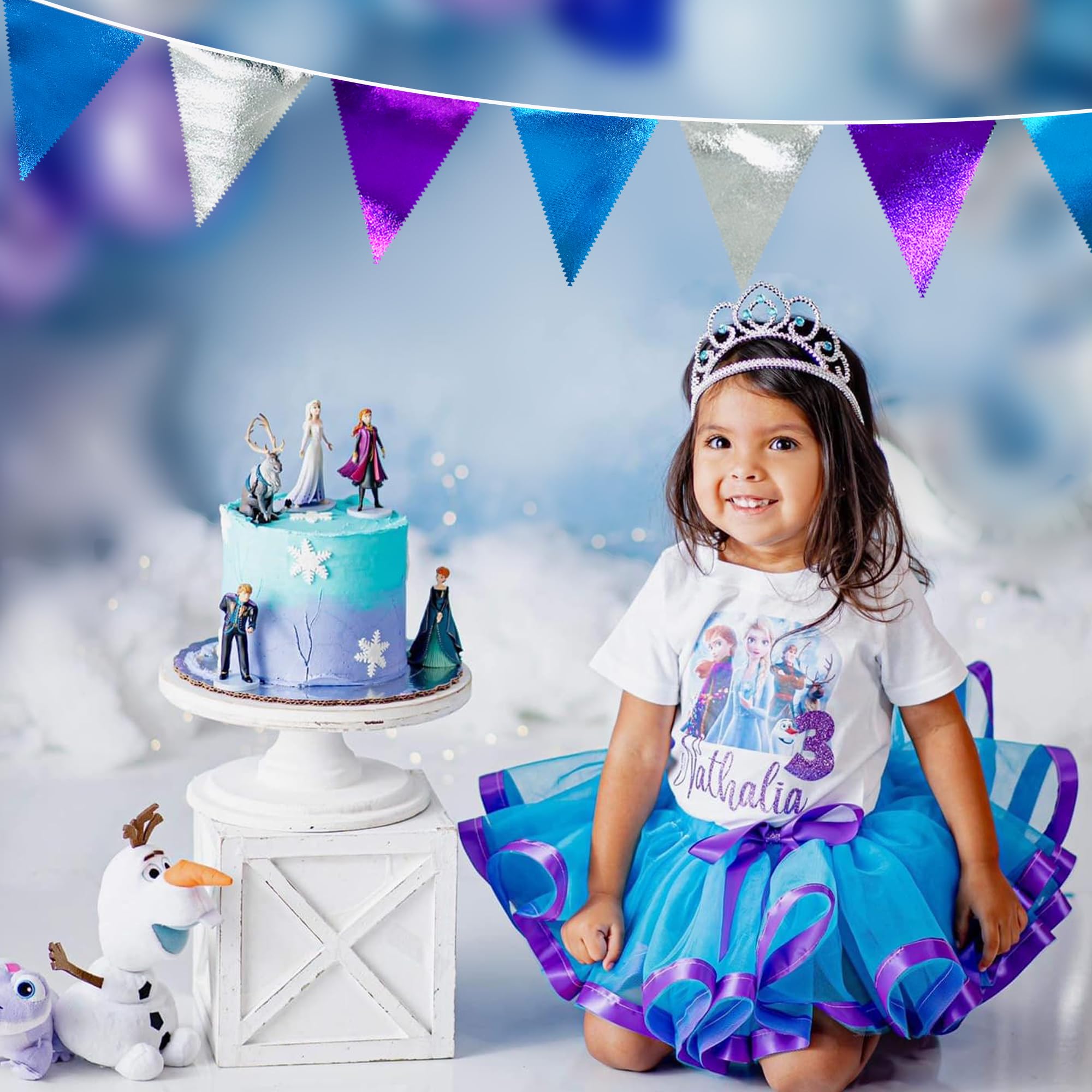 Frozen Party Decoration Purple Blue Silver Metallic Fabric Triangle Pennant Banner Flag Bunting Garland For Frozen Winter Wonder