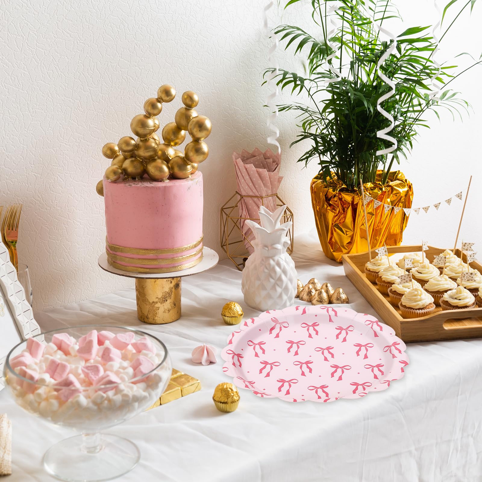 Jarthenaamcs 50 Pcs Pink Bow Paper Plate Scalloped Bowknot Disposable Plate 9 Inch Decorative Dinner Plate For Valentine'S Day B