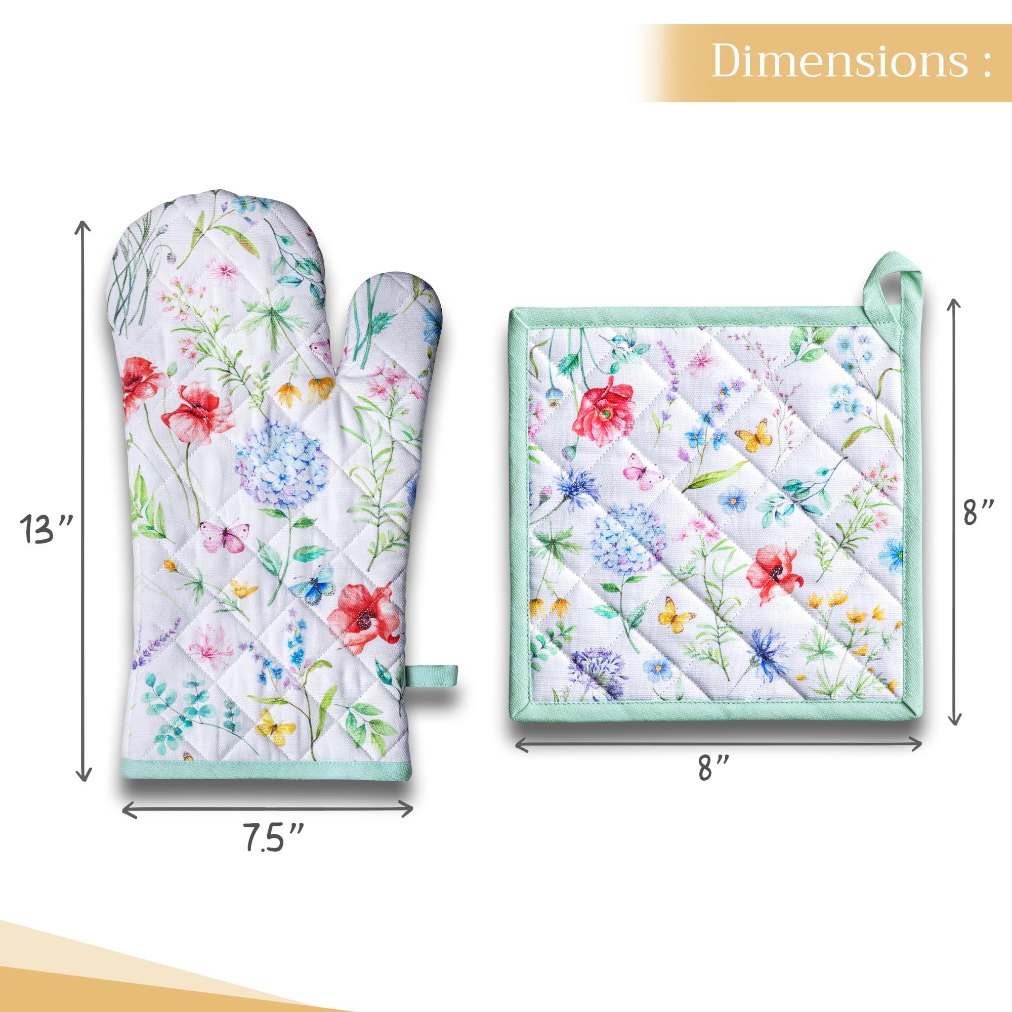 Maison d' Hermine Oven Mitt + Pot Holder 100% Cotton Heat Resistant Kitchen Oven Mitt (7.5''x13'') & Pot Holder (8''x8'') for Gifts  Chef  Cooking  BBQ Baking  Just Floral - Spring/Summer