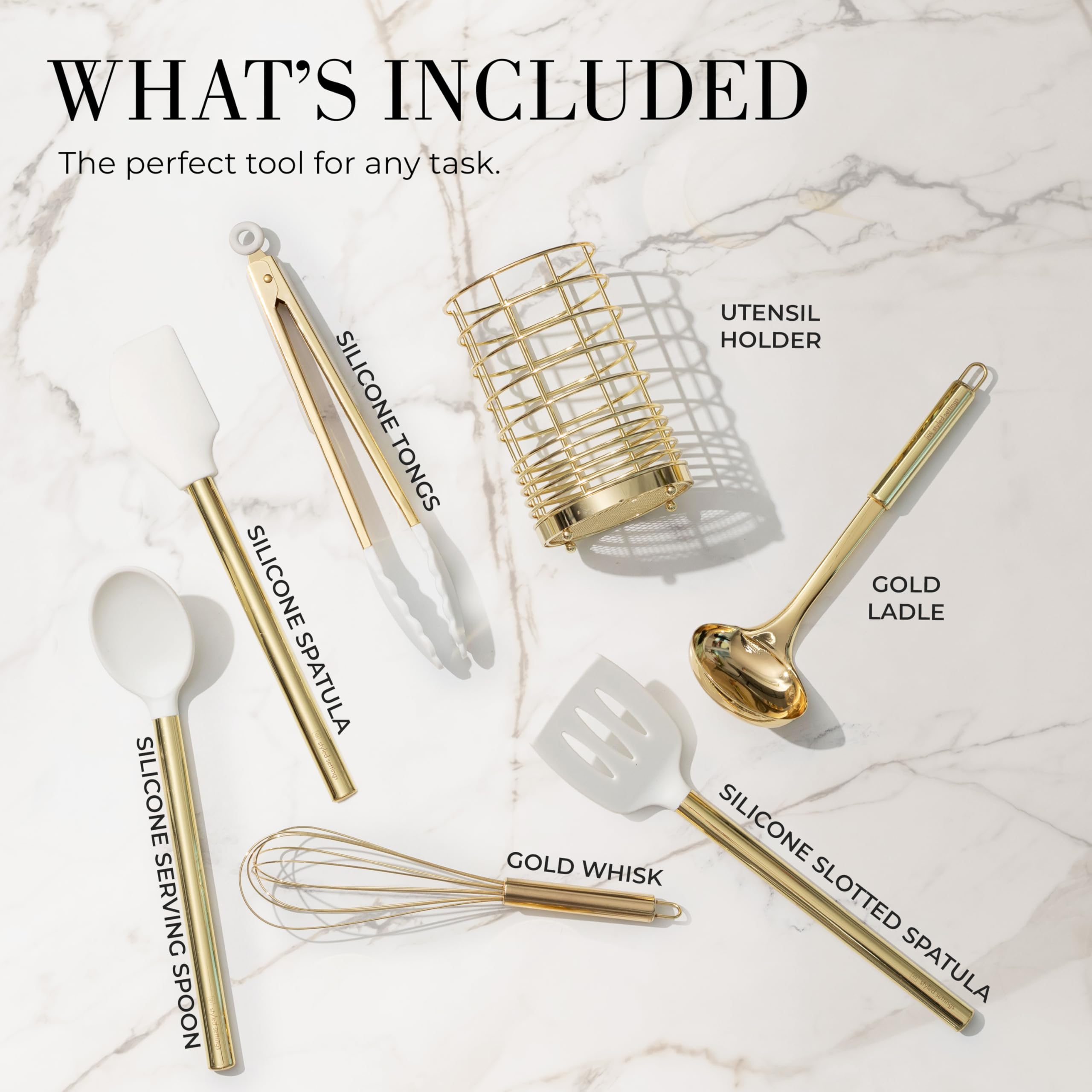 White Silicone And Gold Cooking Utensils Set With Gold Utensil Holder - 7-Piece Silicone Cooking Tools - Ideal For Nonstick Cook