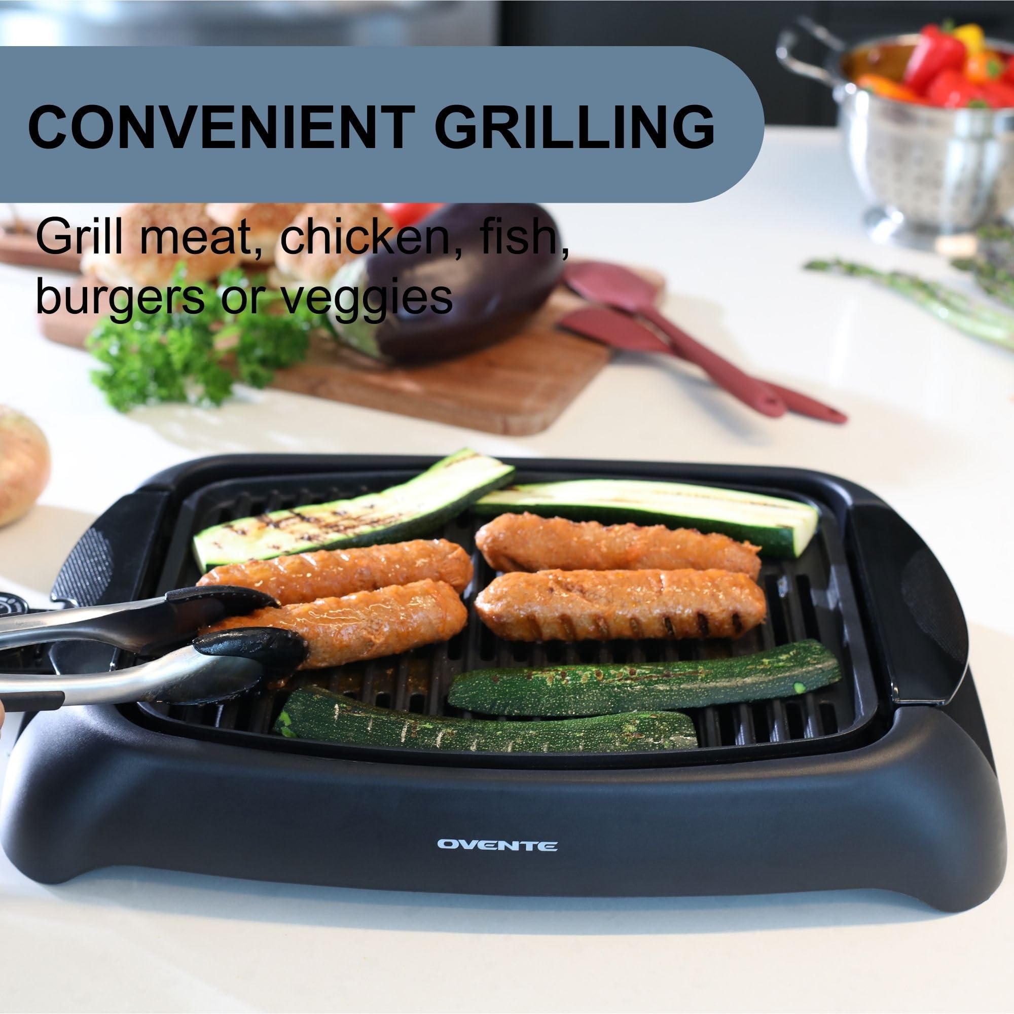 Ovente Electric Indoor Grill With 13X10 Inch Non-Stick Cooking Surface, 1000W Fast Heat Up Power, Adjustable Temperature, Remova