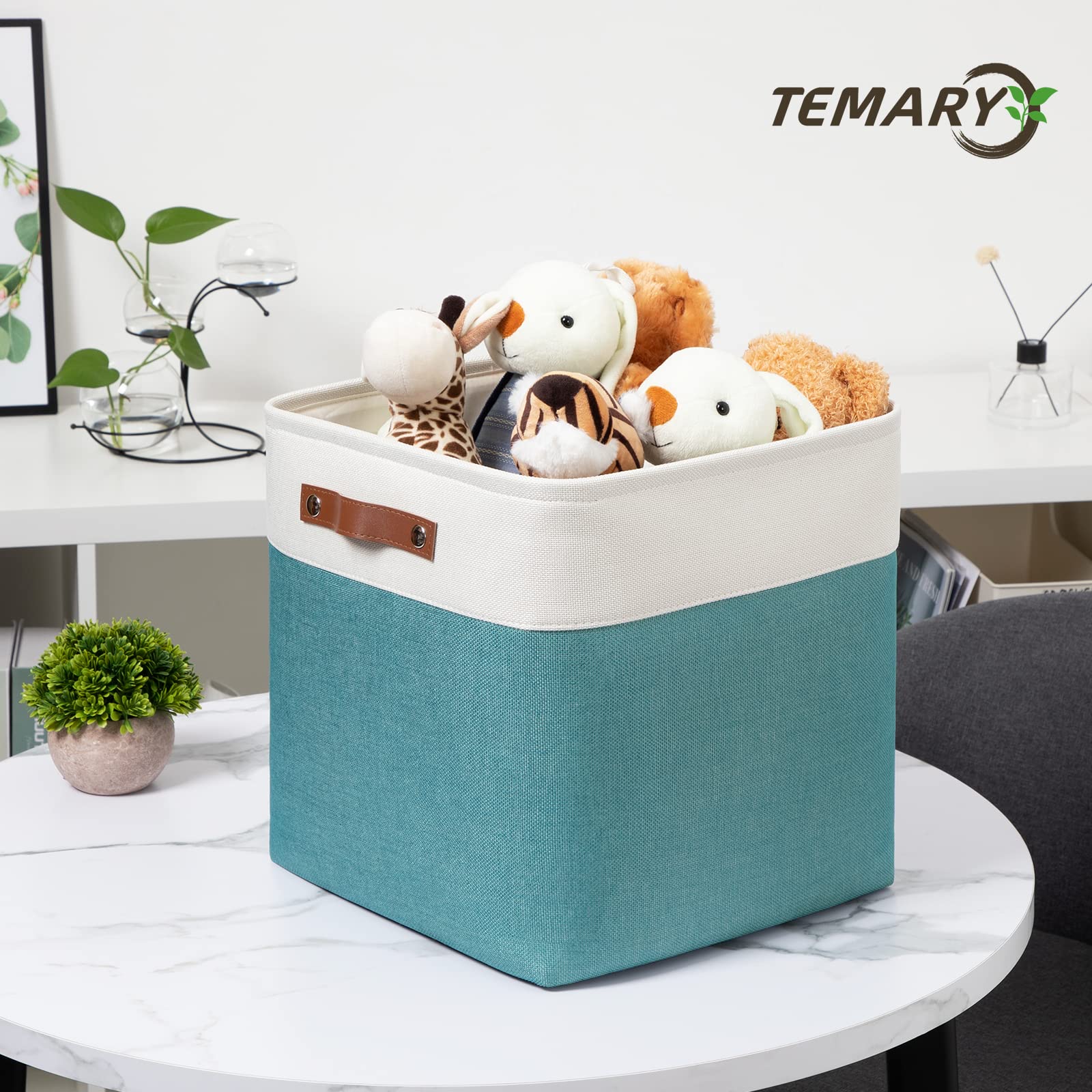 Temary Fabric Storage Cubes 13x13 Storage Baskets for Organizing  Large Fabric Storage Bins with Handles Cube Storage Baskets for Storage Clothes  Toys  Books (White&Teal)