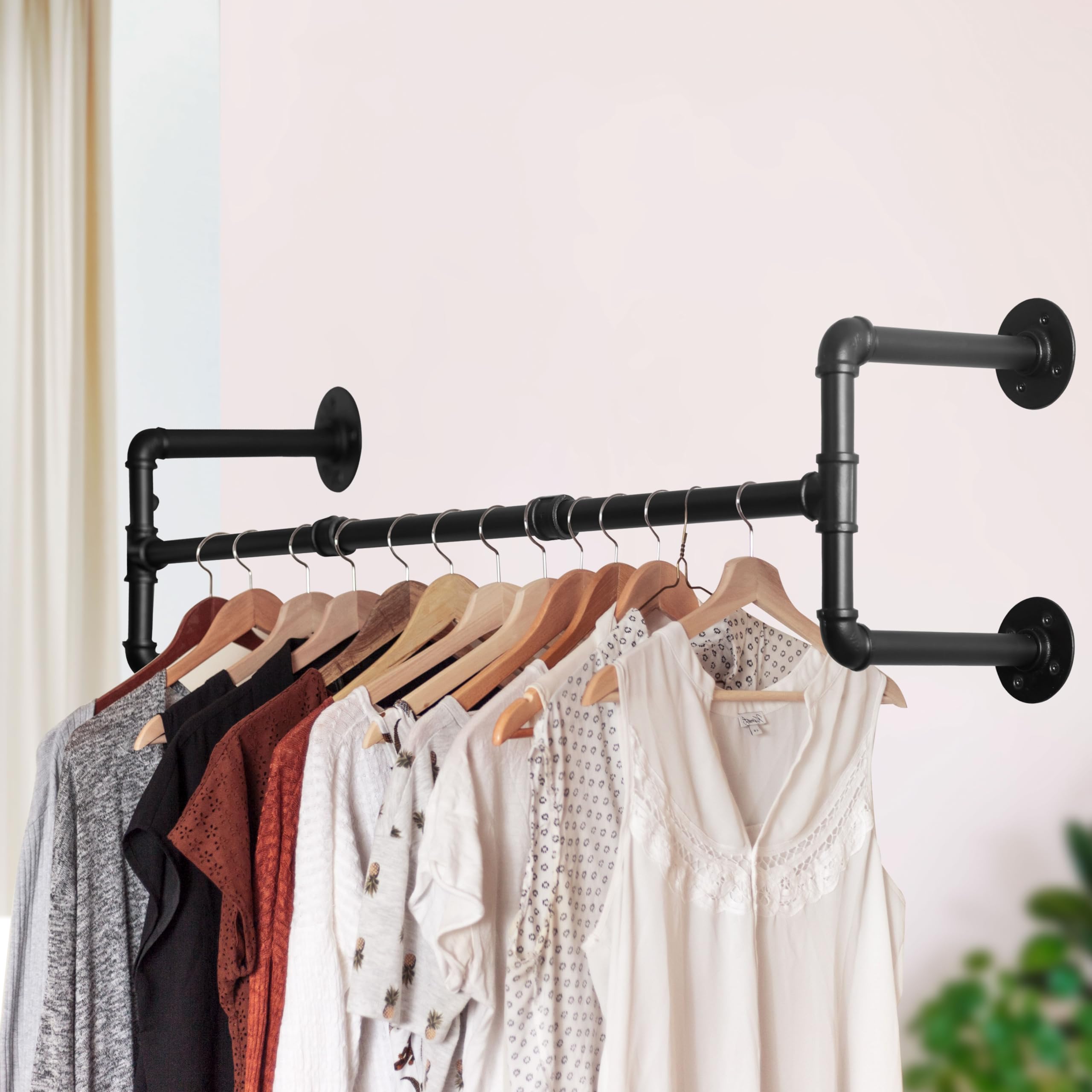 WEBI Clothing Rack Wall Mount 42'' Industrial Pipe Clothes Rack for Hanging Clothes Heavy Duty Iron Garment Rack Bar Retail Display Clothes Rod for Closet Laundry Room 4 Base Black
