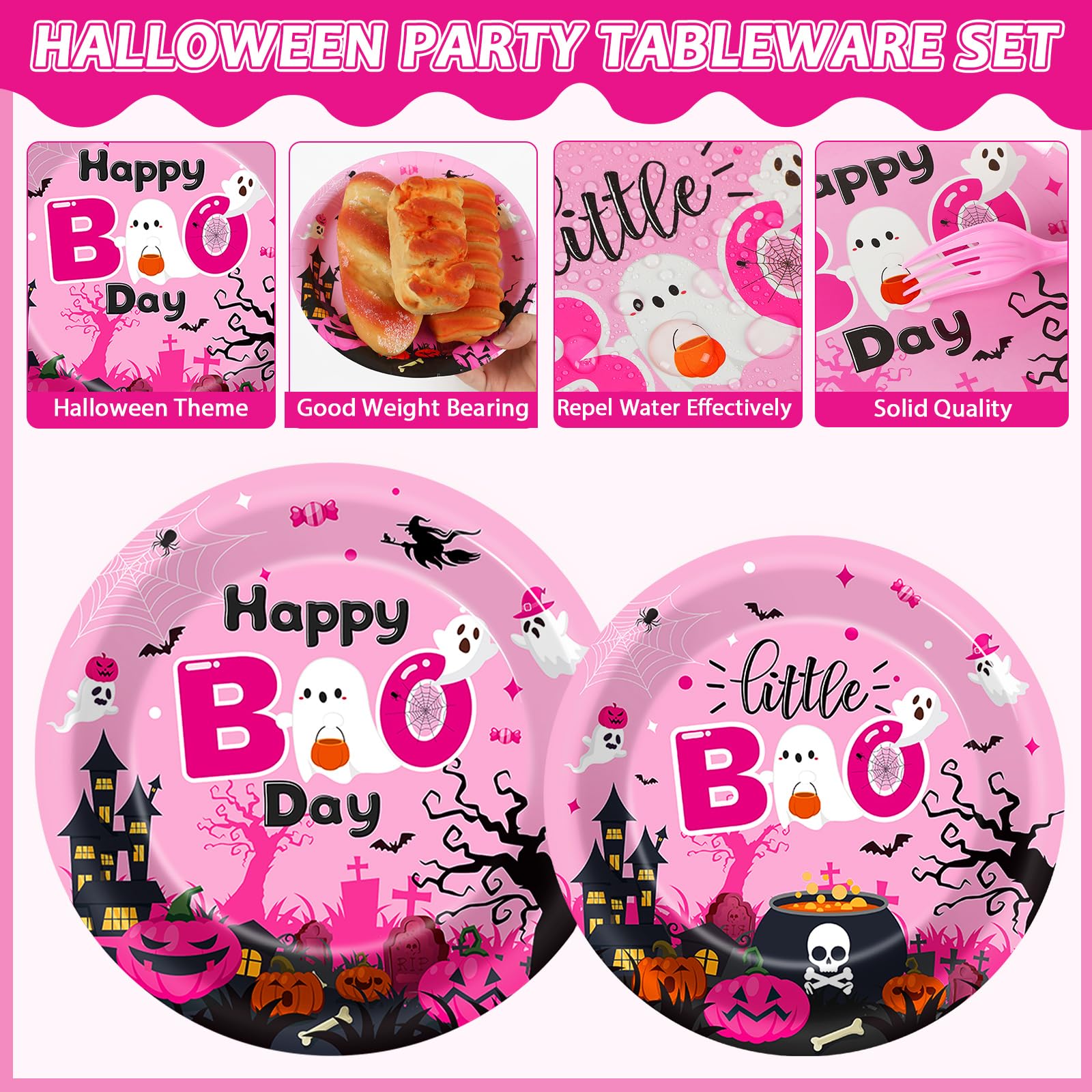 96Pcs Halloween Happy Boo Day Party Supplies Pink Ghost Pumpkin Paper Plates Napkins Ghost Theme Party Decoration Little Boo Gho