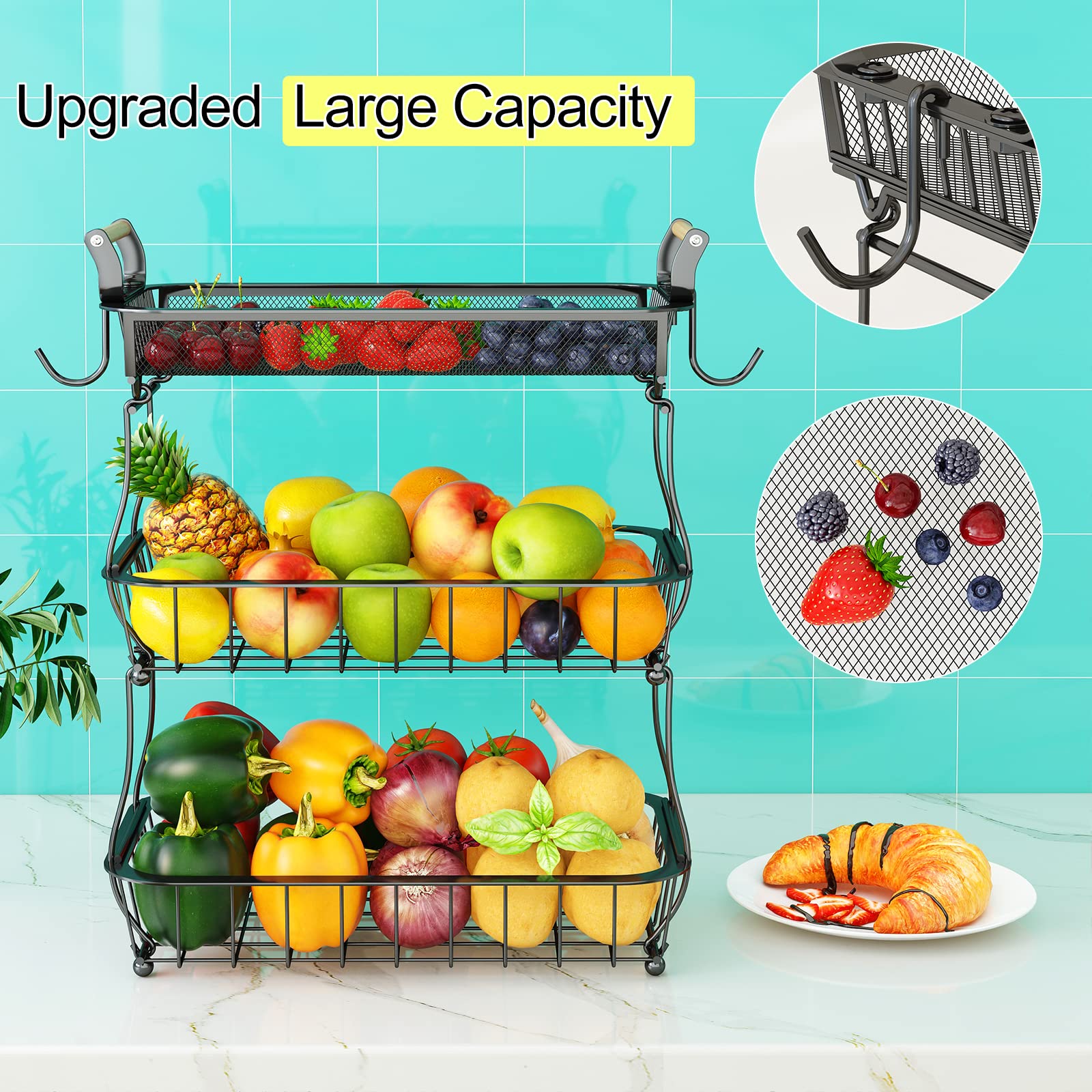 3 Tier Fruit Basket Bowl With 2 Banana Hangers For Kitchen Counter, Vegetable Countertop Produce Storage Holder, Large Capacity