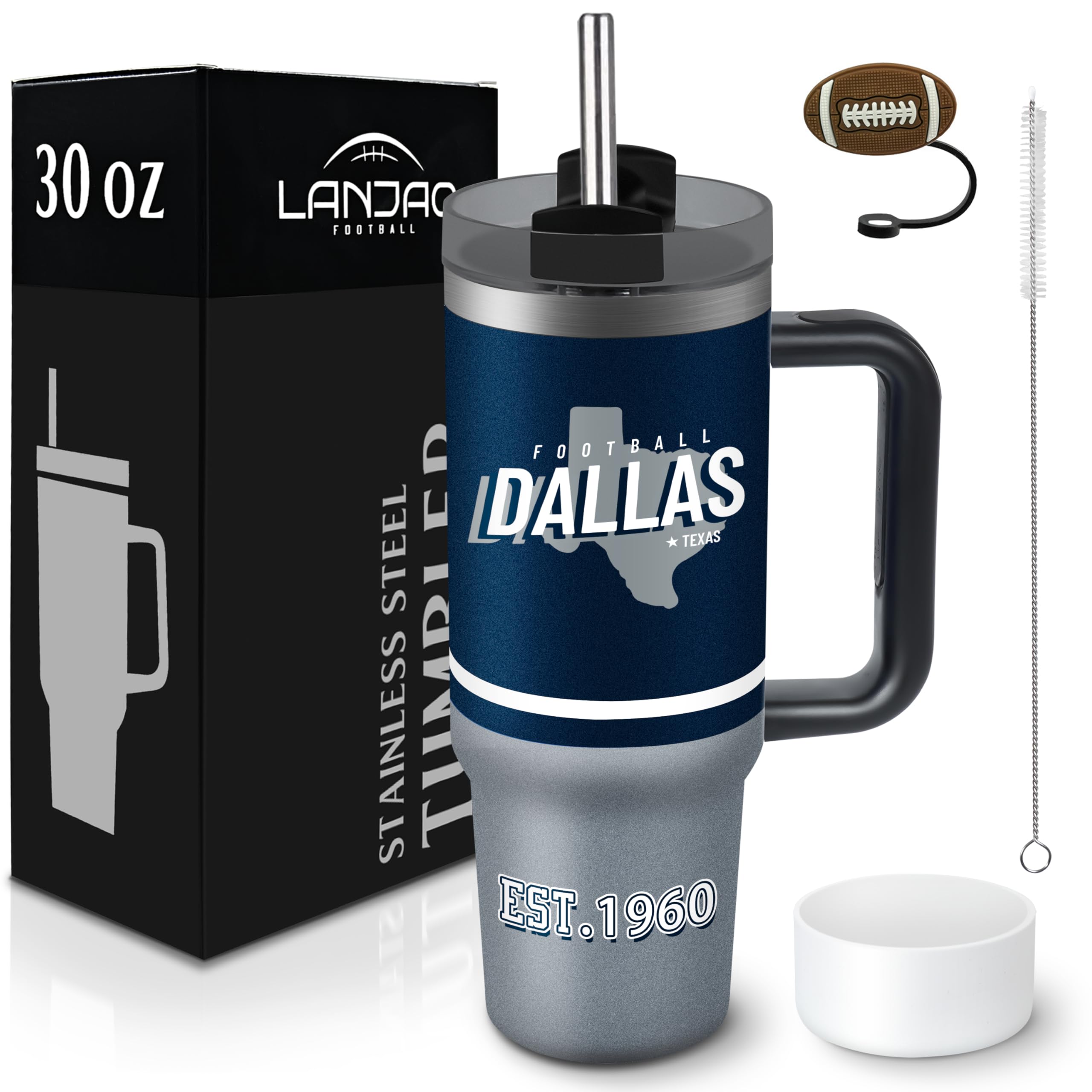 LANJAO Tumbler 30oz Straight Skinny Portable Handle Car Cups With Anti slip Sleeve Straw Dust Cover, Sports Travel, Stainless St