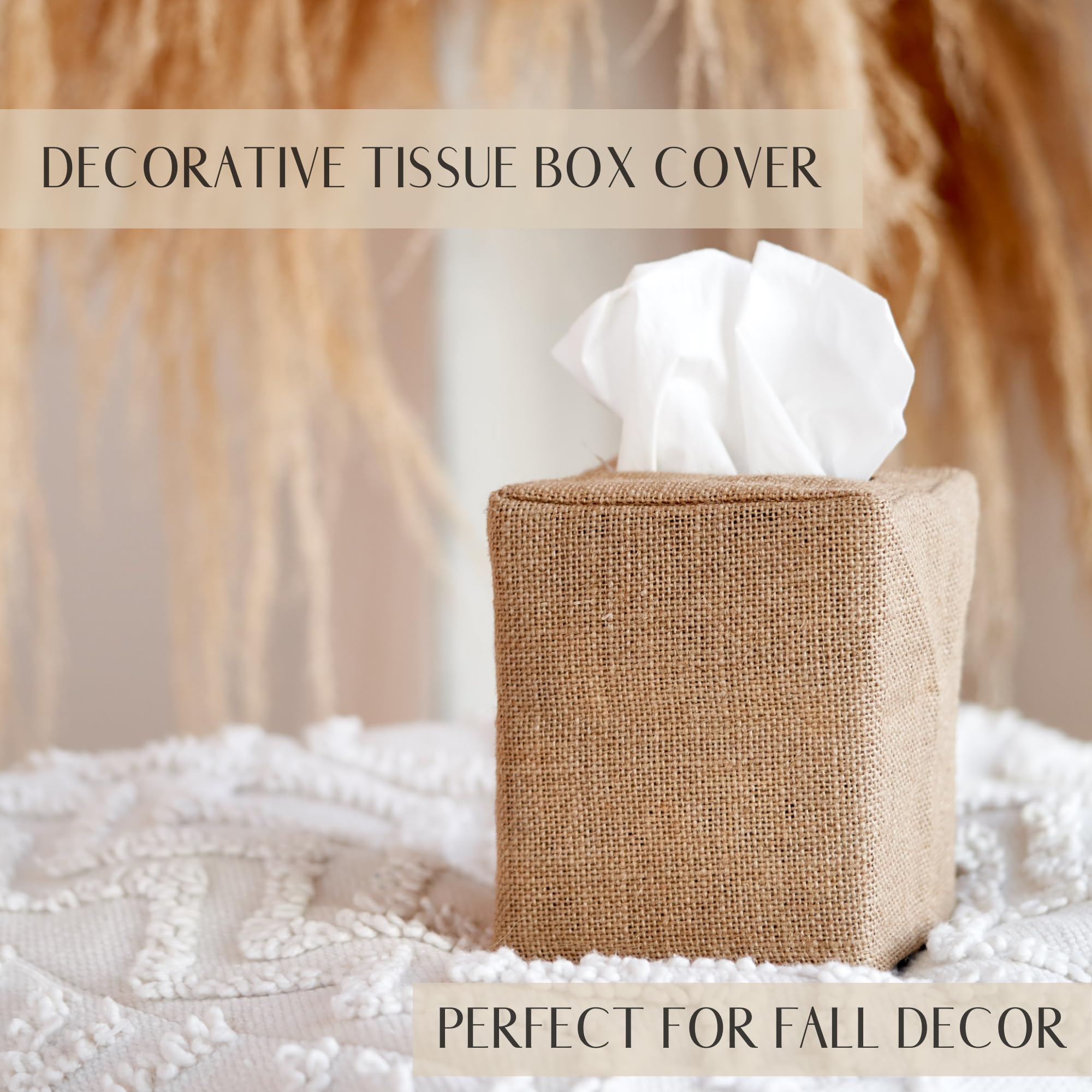 KIBAGA Stylish Burlap Tissue Box Cover - 4.6"x4.6"x5.1" Light Brown Holder for Bathroom and Home Decor