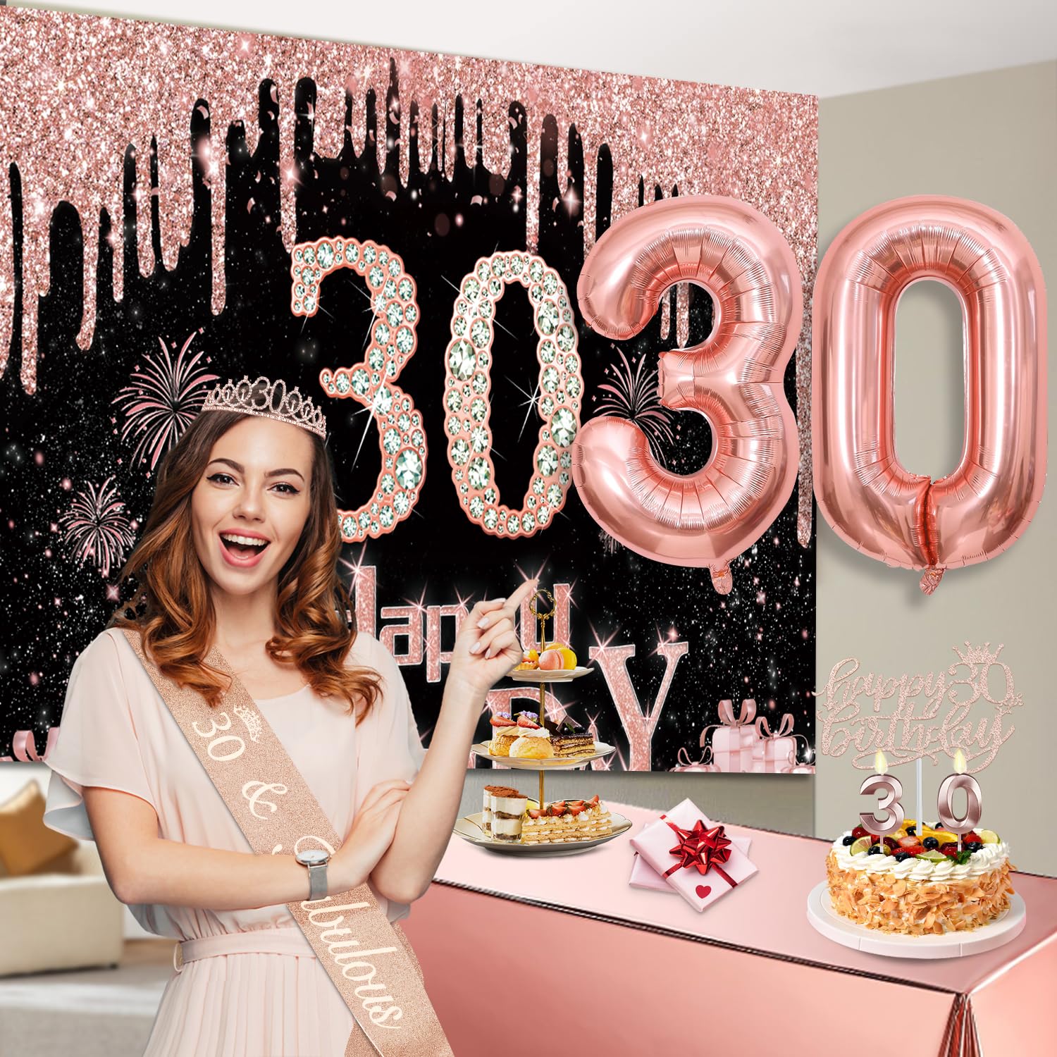 30Th Birthday Decorations For Her With Banner, Rose Gold Tablecloth, Number Balloons, 30Th Birthday Sash And Tiara, Cake Topper