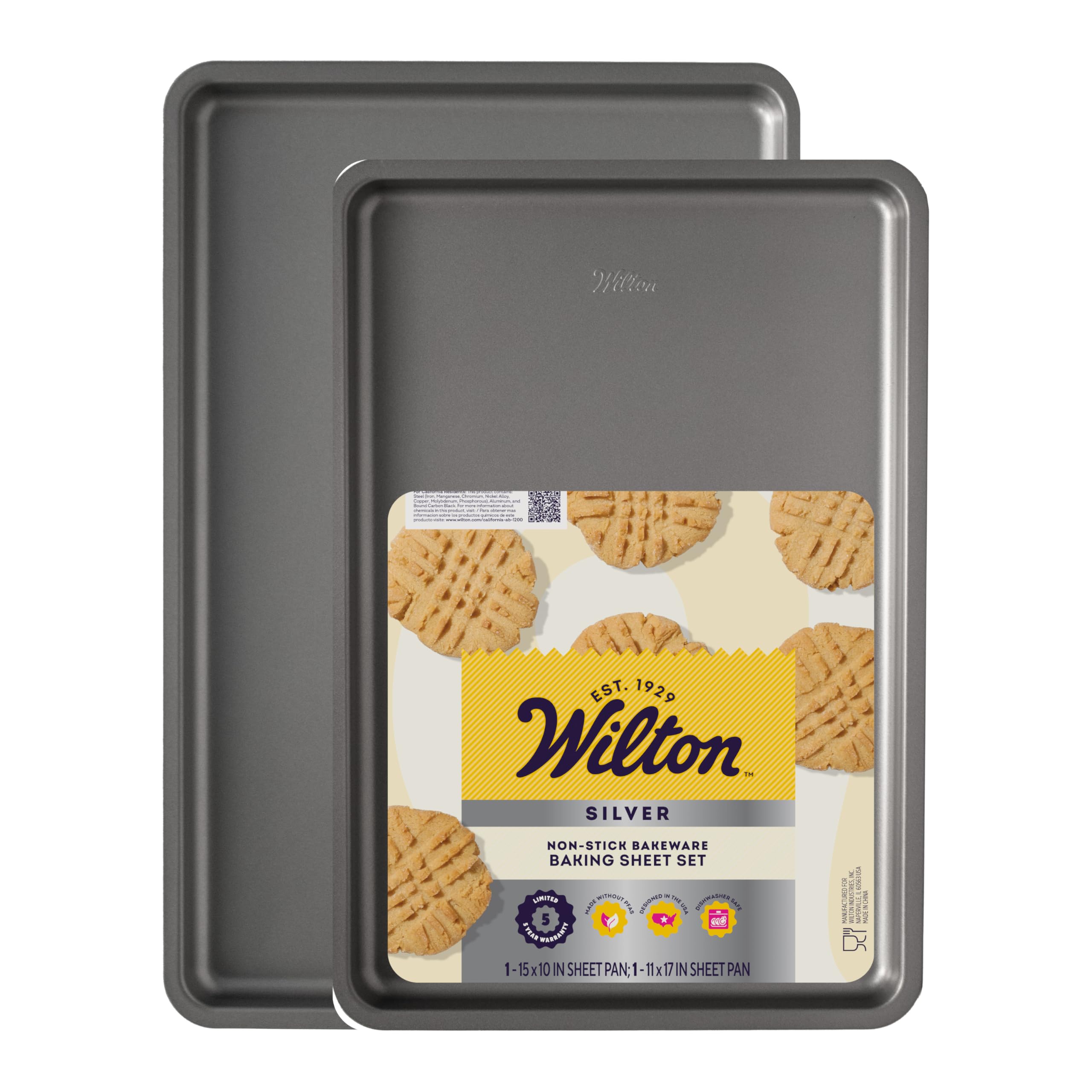 Wilton Silver 2- Piece Non-Stick Baking Sheet Set, Stainless Steel Bakeware for Baking and Roasting, Made without PFAS