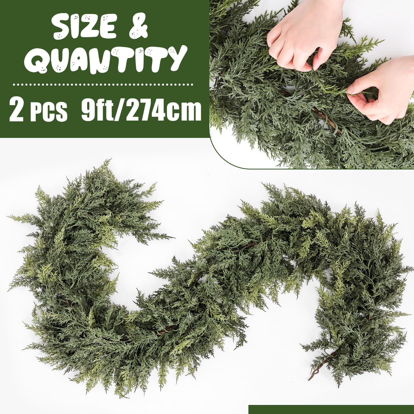 Jutom 2 Pcs 9 ft Christmas Cedar Garland - Dual Green Realistic Cedar Pine Needles Garland Artificial Decoration for Table, Mant